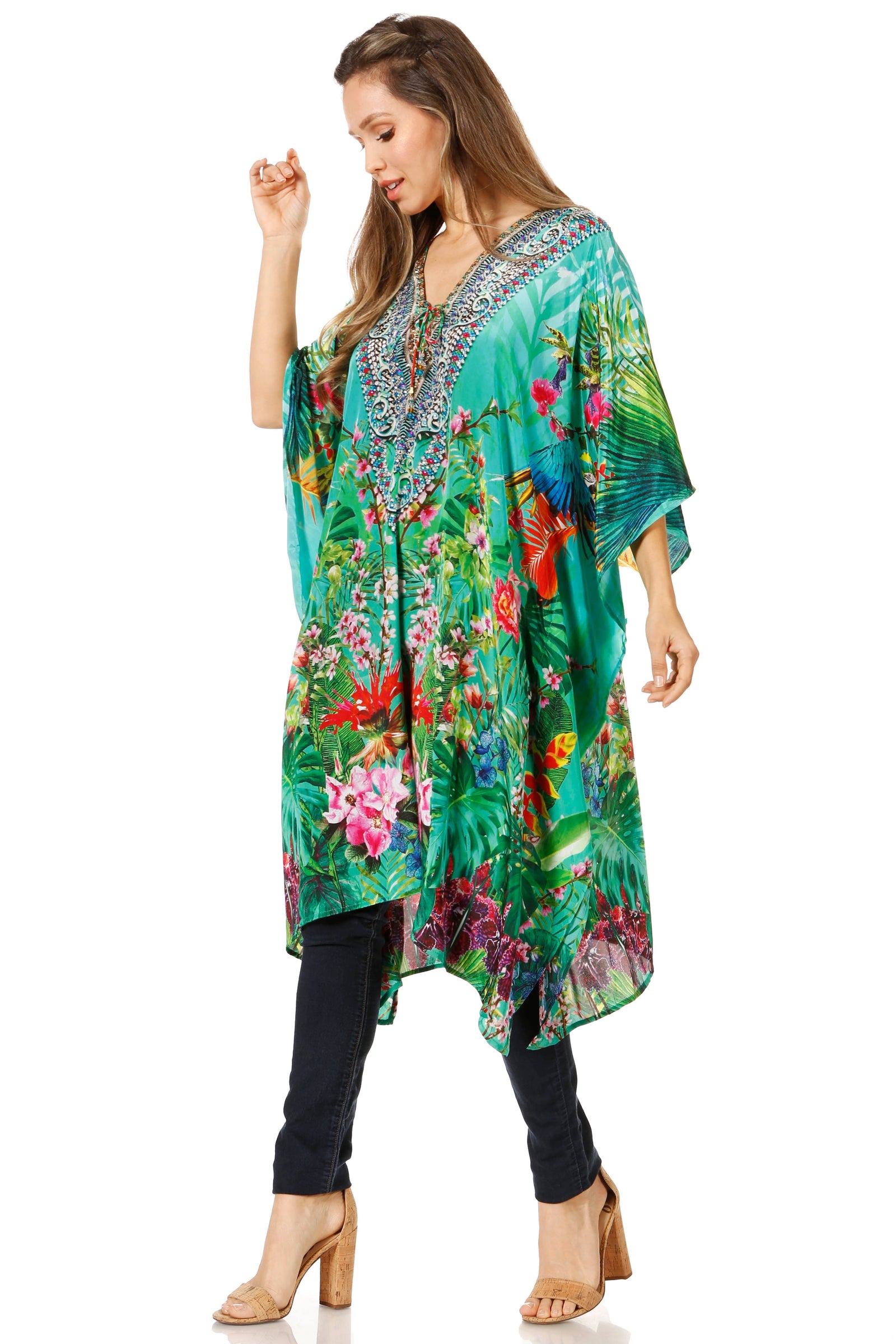 Vestido caftán Sakkas Zeni de verano con estampado floral y cuello en V y manga corta para mujer