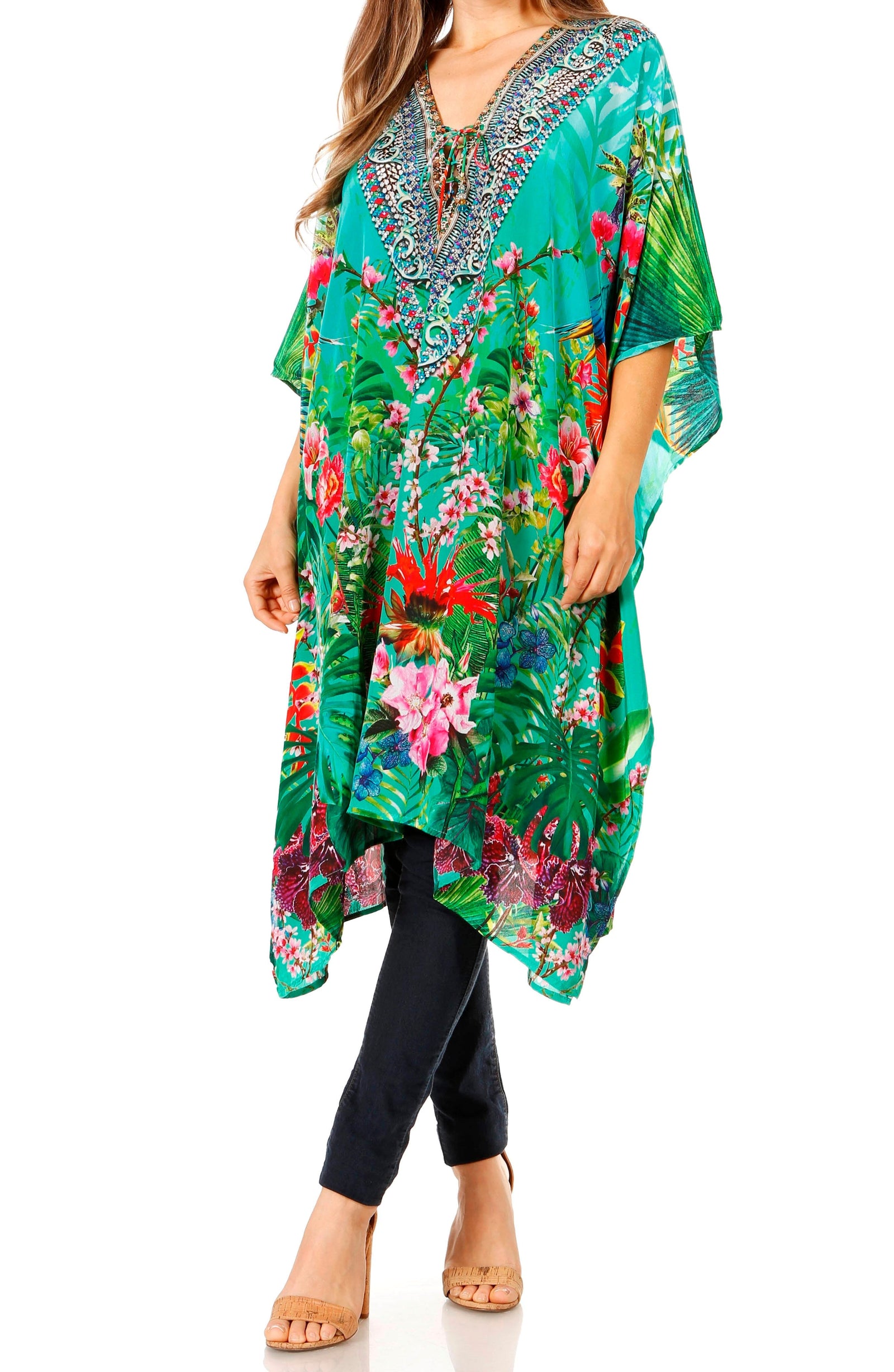 Vestido caftán Sakkas Zeni de verano con estampado floral y cuello en V y manga corta para mujer