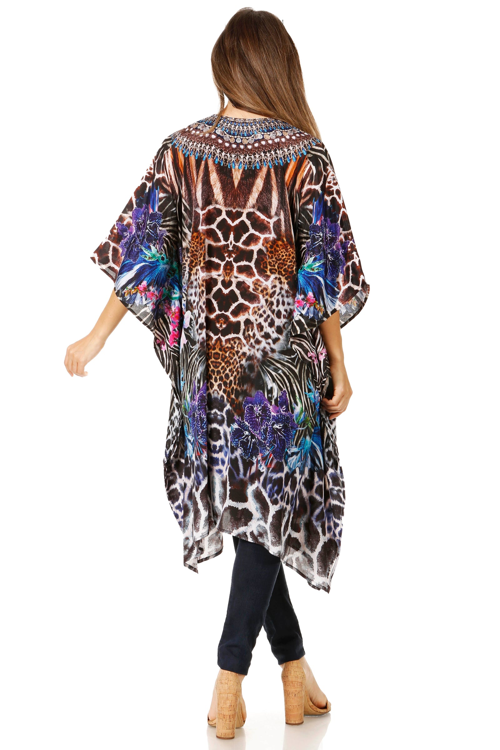 Vestido caftán Sakkas Zeni de verano con estampado floral y cuello en V y manga corta para mujer