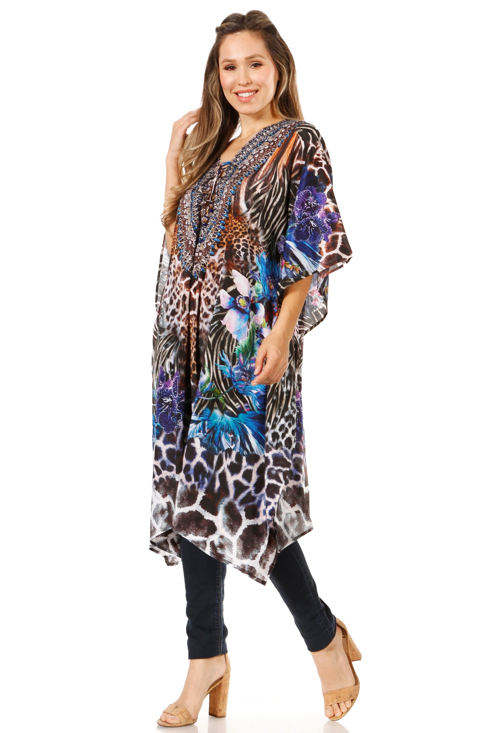 Vestido caftán Sakkas Zeni de verano con estampado floral y cuello en V y manga corta para mujer