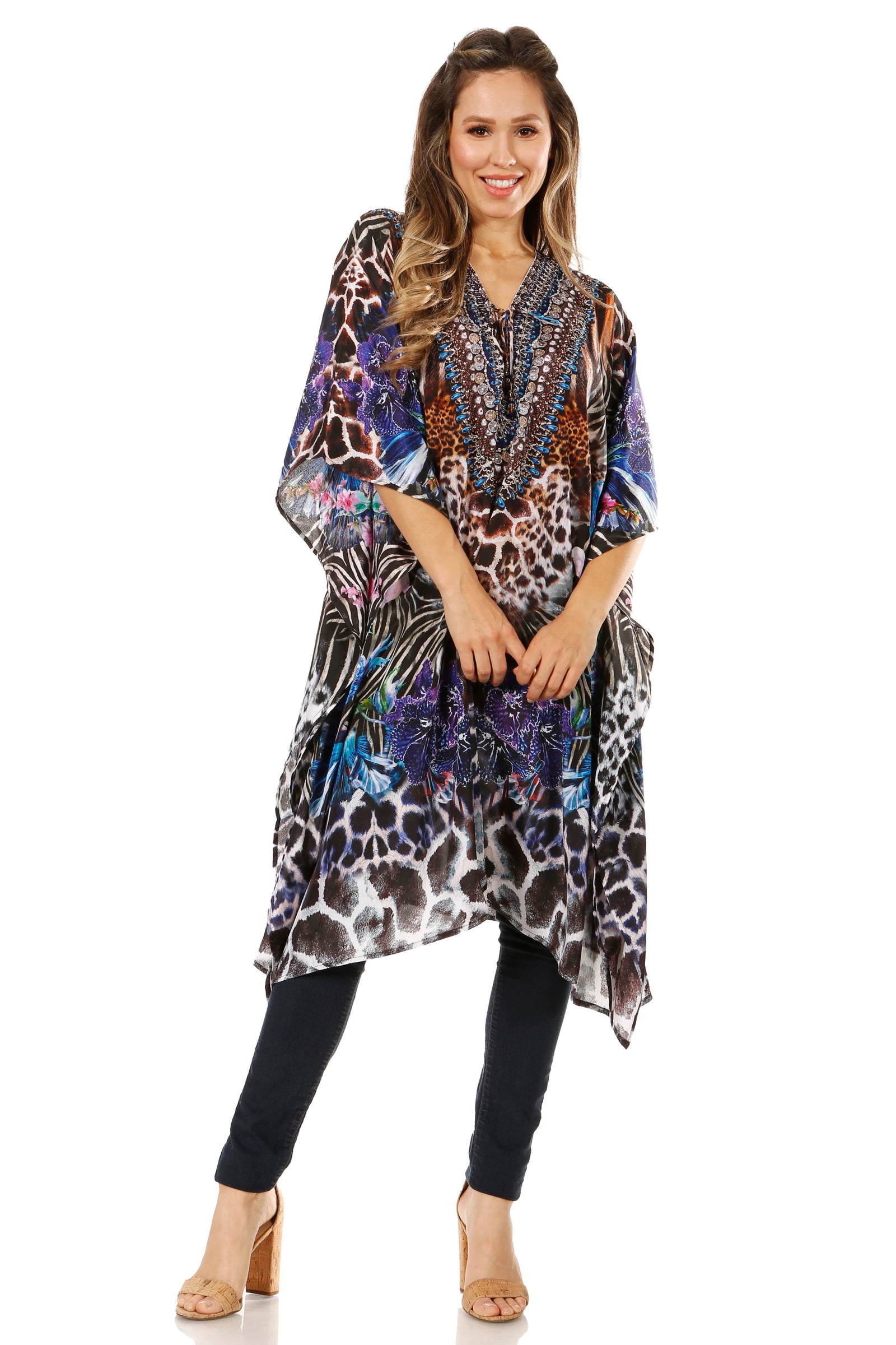 Vestido caftán Sakkas Zeni de verano con estampado floral y cuello en V y manga corta para mujer