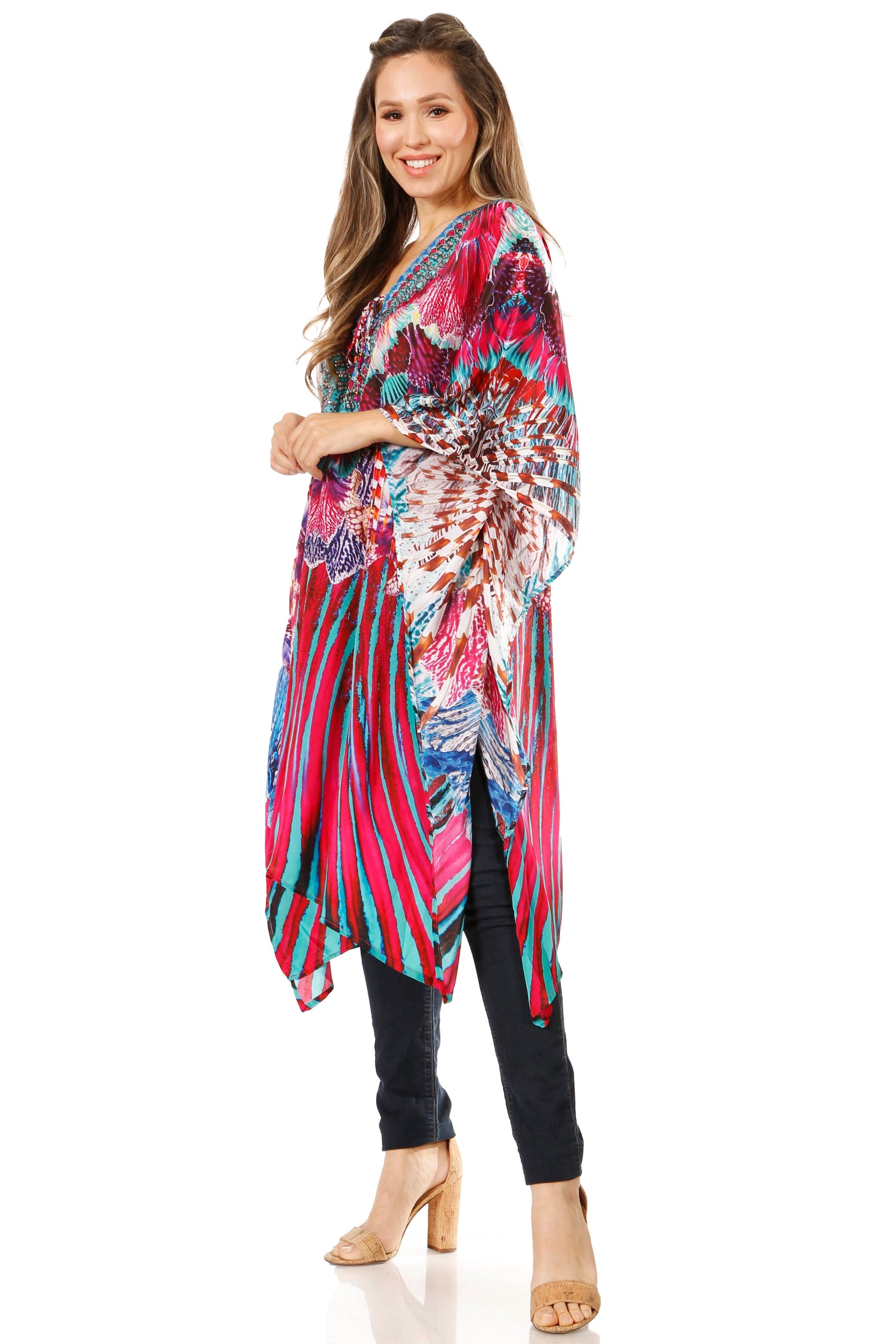 Vestido caftán Sakkas Zeni de verano con estampado floral y cuello en V y manga corta para mujer