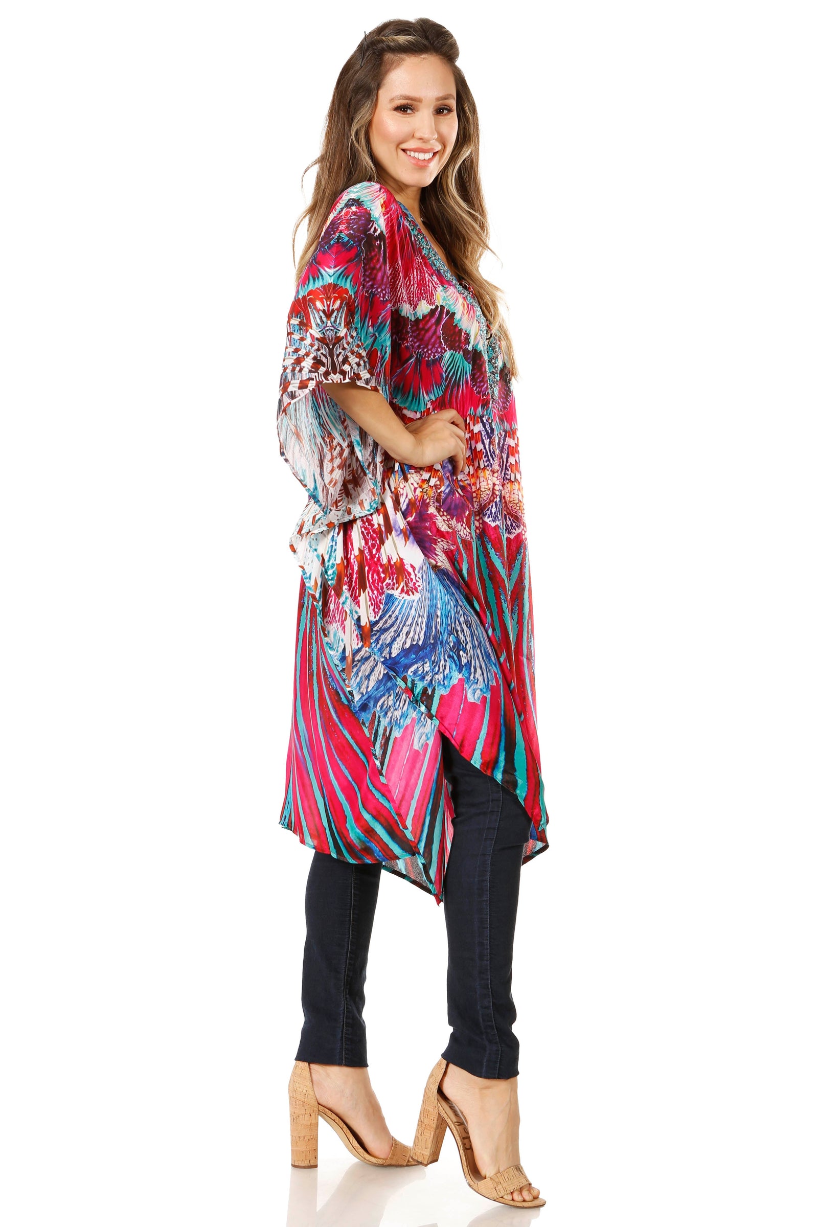 Vestido caftán Sakkas Zeni de verano con estampado floral y cuello en V y manga corta para mujer