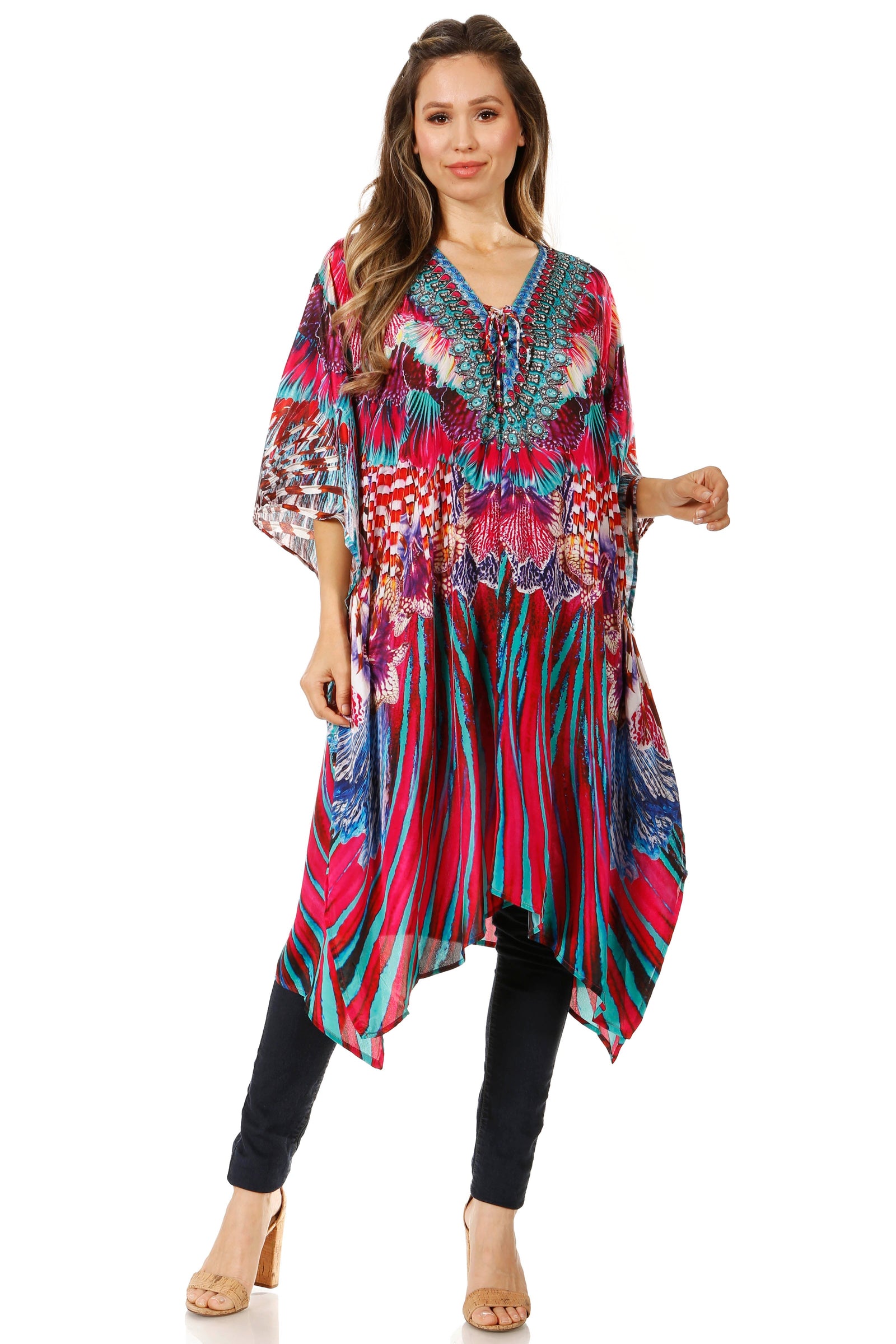 Vestido caftán Sakkas Zeni de verano con estampado floral y cuello en V y manga corta para mujer