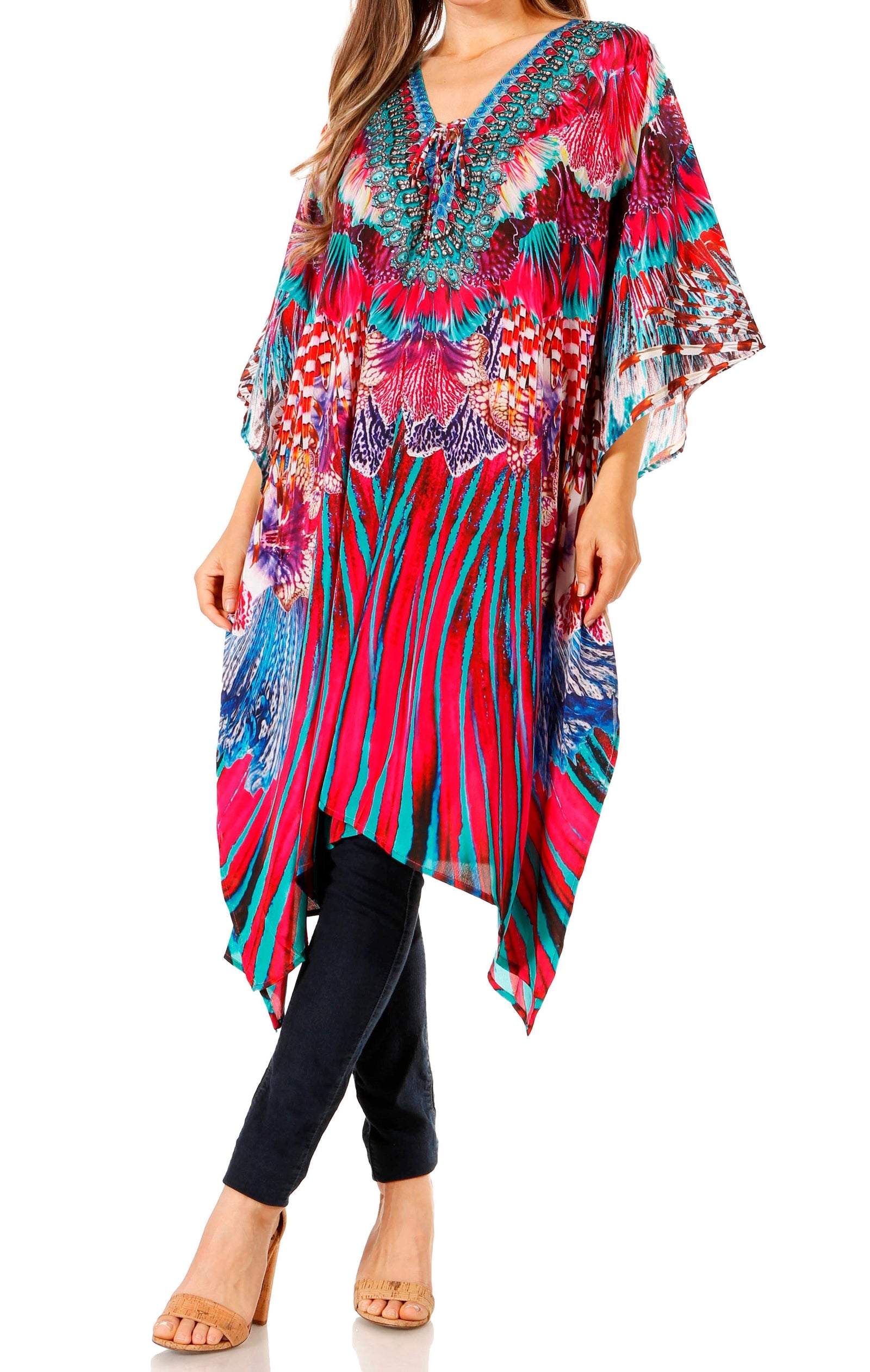 Vestido caftán Sakkas Zeni de verano con estampado floral y cuello en V y manga corta para mujer