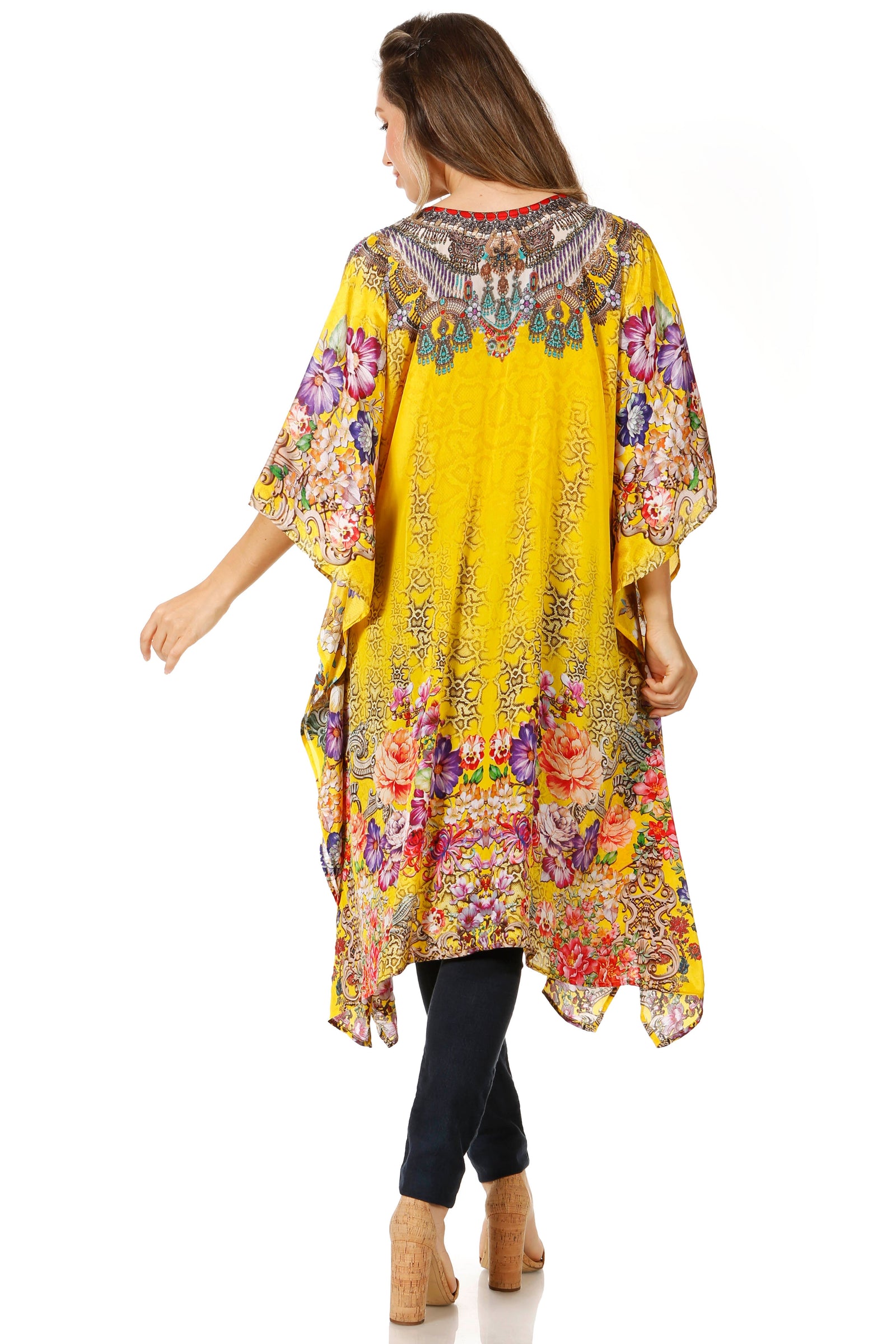 Vestido caftán Sakkas Zeni de verano con estampado floral y cuello en V y manga corta para mujer