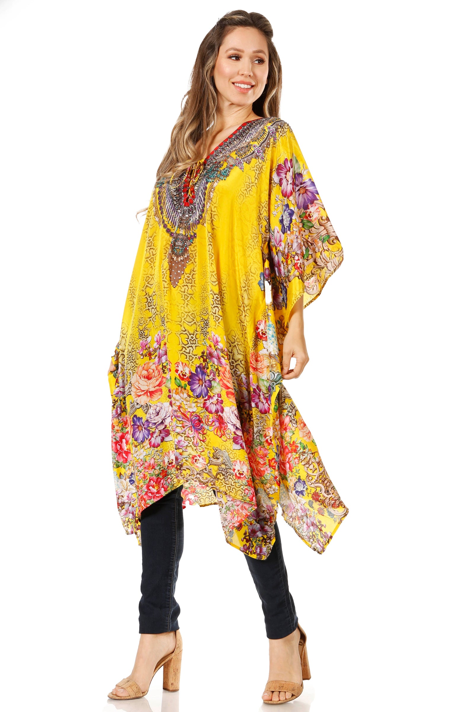 Vestido caftán Sakkas Zeni de verano con estampado floral y cuello en V y manga corta para mujer