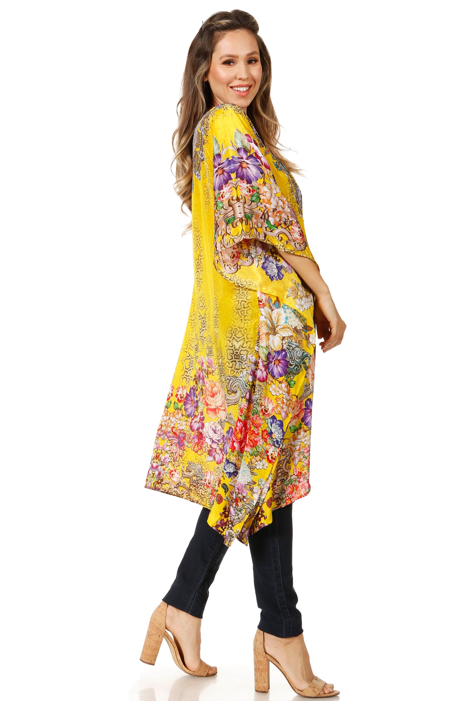 Vestido caftán Sakkas Zeni de verano con estampado floral y cuello en V y manga corta para mujer