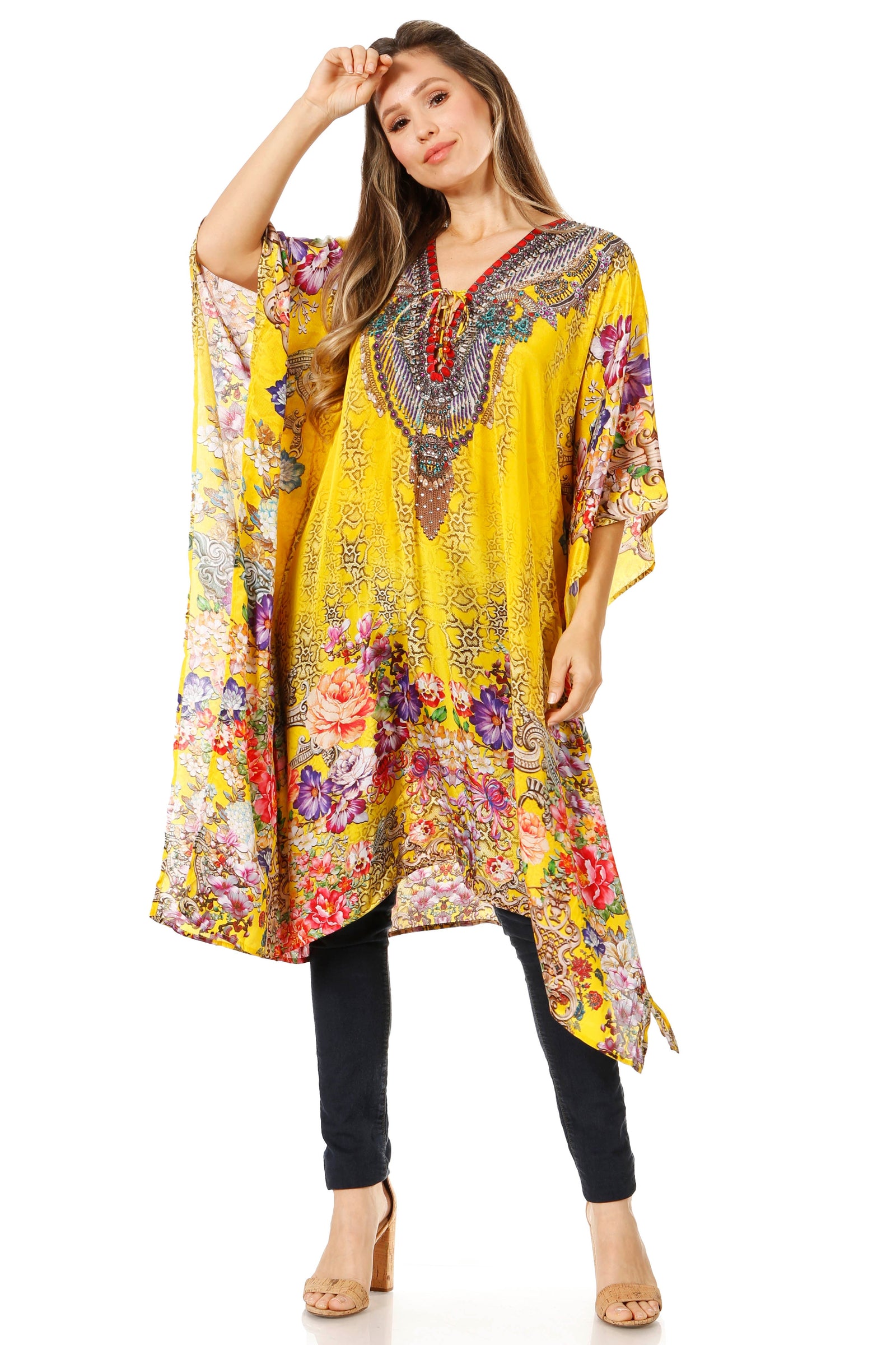 Vestido caftán Sakkas Zeni de verano con estampado floral y cuello en V y manga corta para mujer