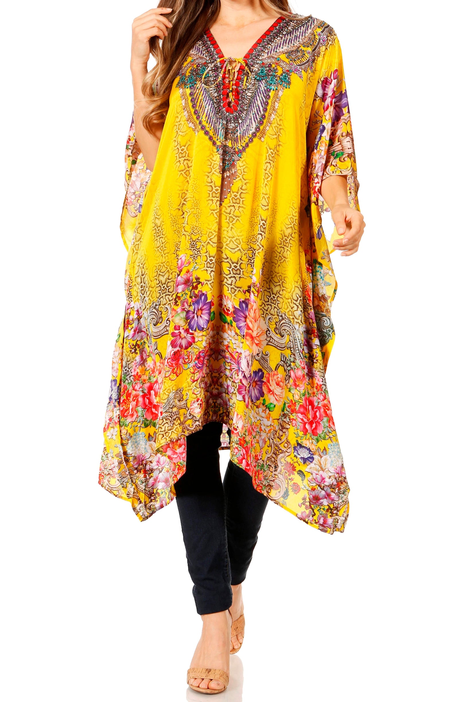 Vestido caftán Sakkas Zeni de verano con estampado floral y cuello en V y manga corta para mujer