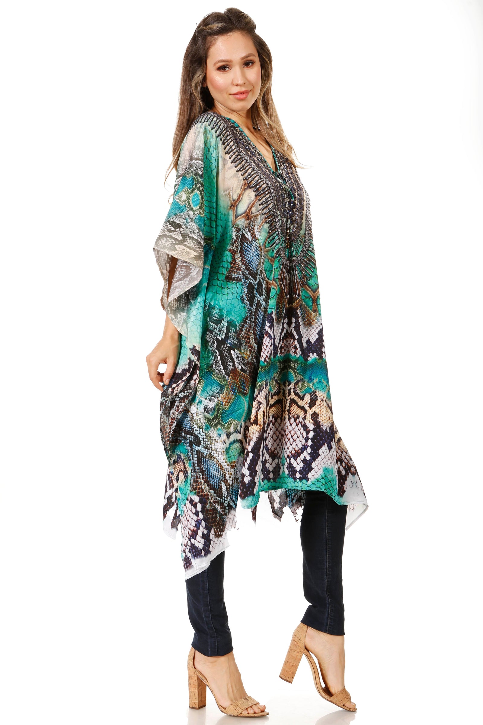 Vestido caftán Sakkas Zeni de verano con estampado floral y cuello en V y manga corta para mujer