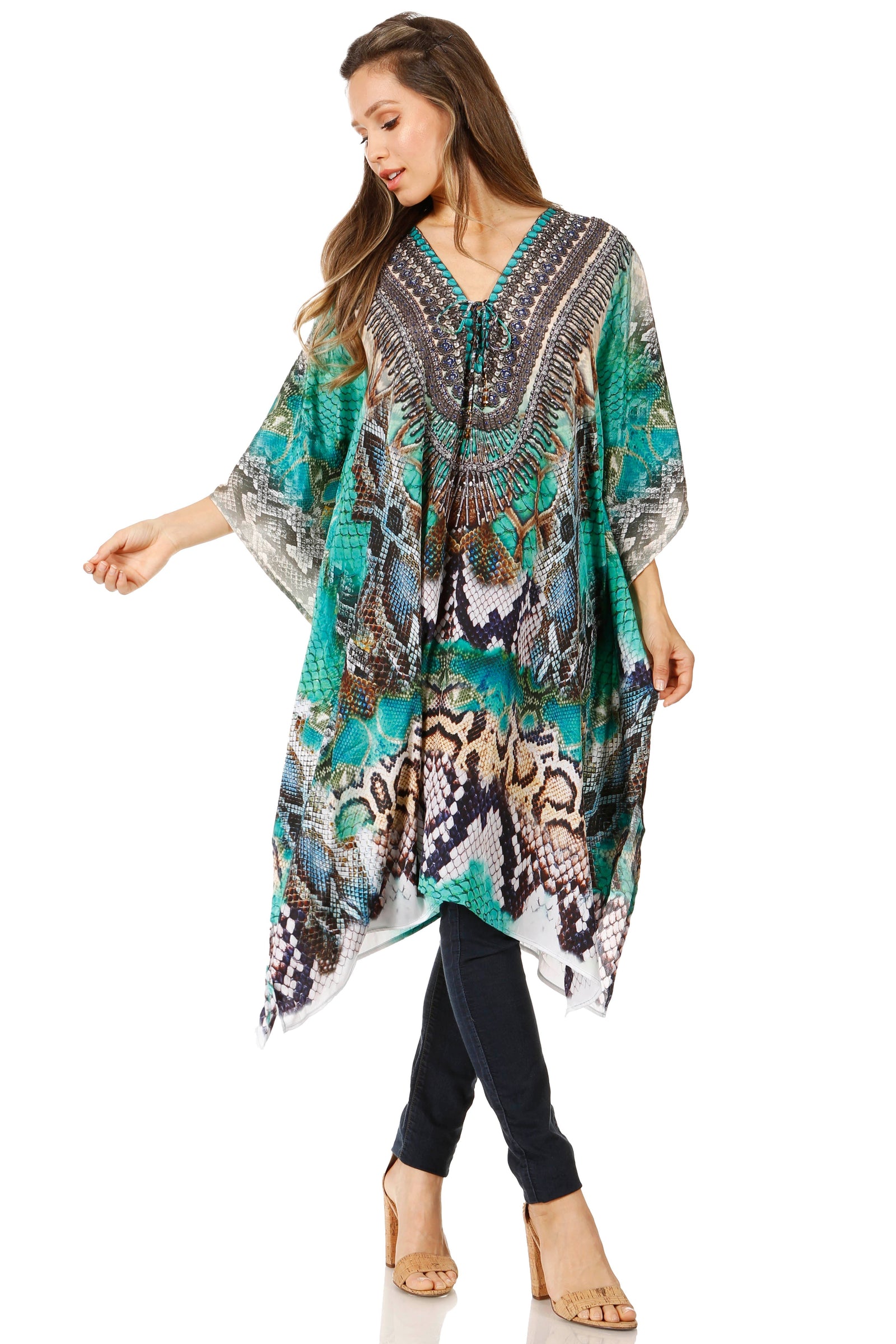 Vestido caftán Sakkas Zeni de verano con estampado floral y cuello en V y manga corta para mujer