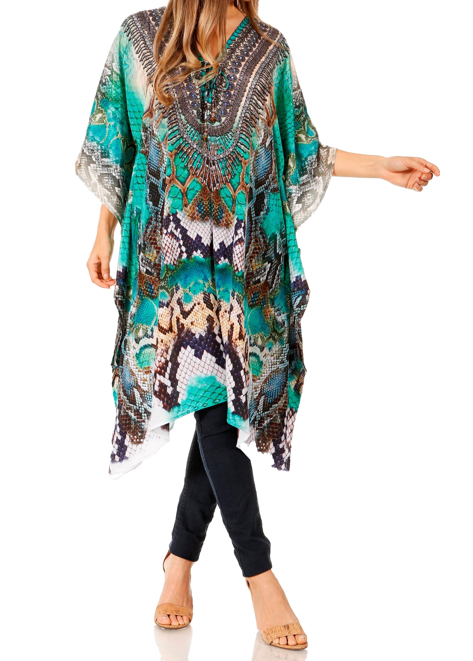 Vestido caftán Sakkas Zeni de verano con estampado floral y cuello en V y manga corta para mujer