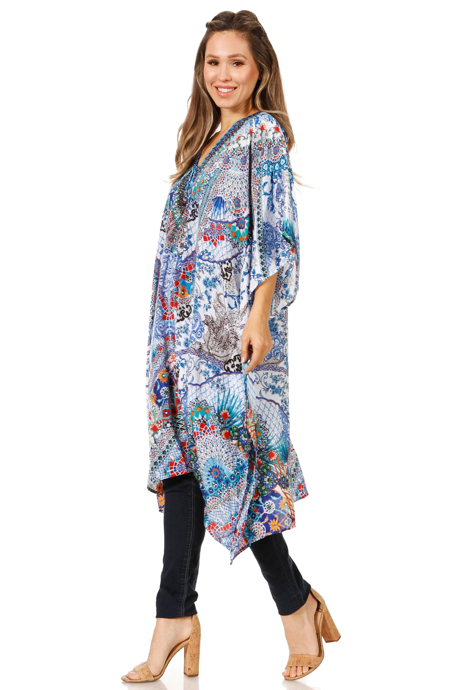 Vestido caftán Sakkas Zeni de verano con estampado floral y cuello en V y manga corta para mujer