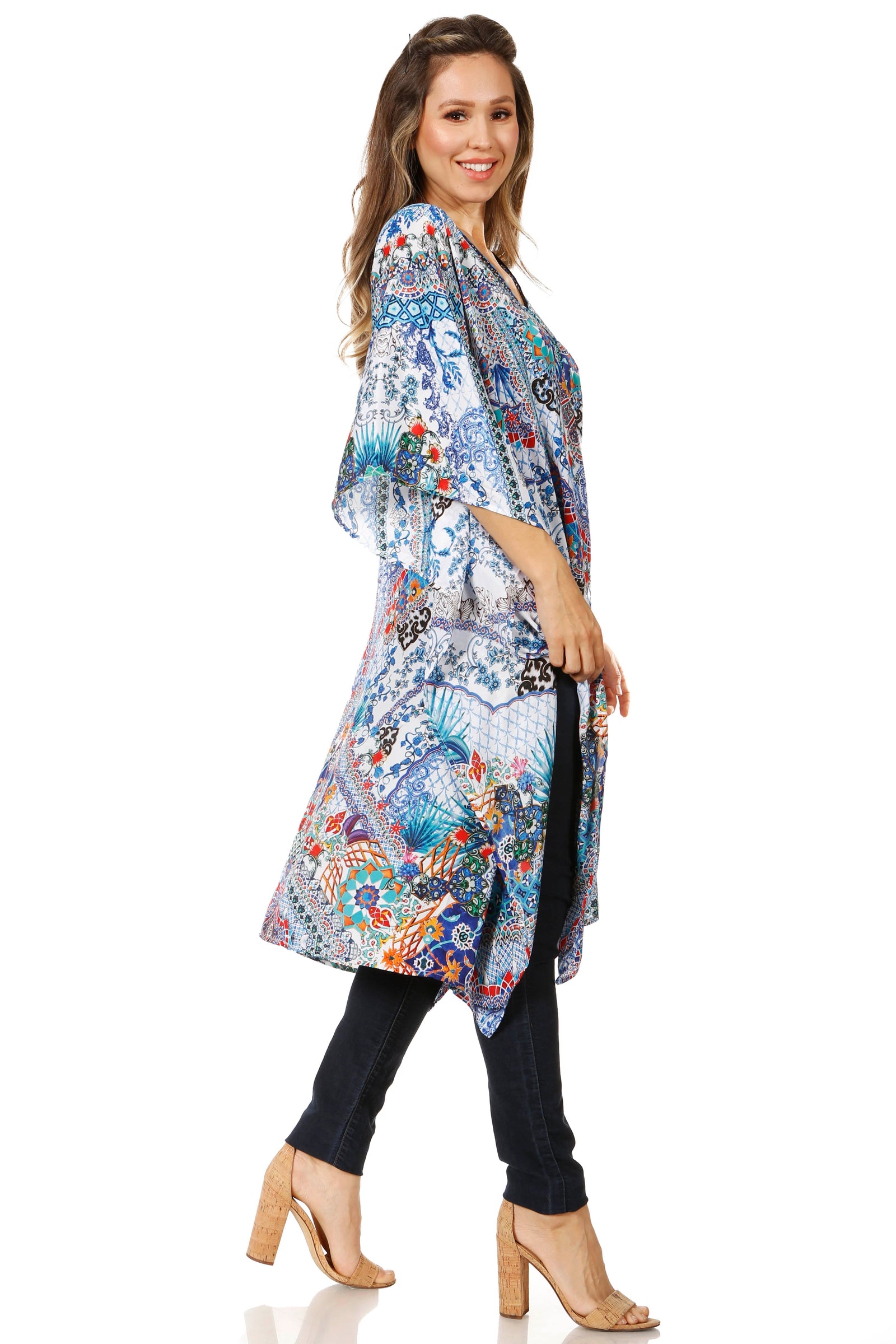 Vestido caftán Sakkas Zeni de verano con estampado floral y cuello en V y manga corta para mujer