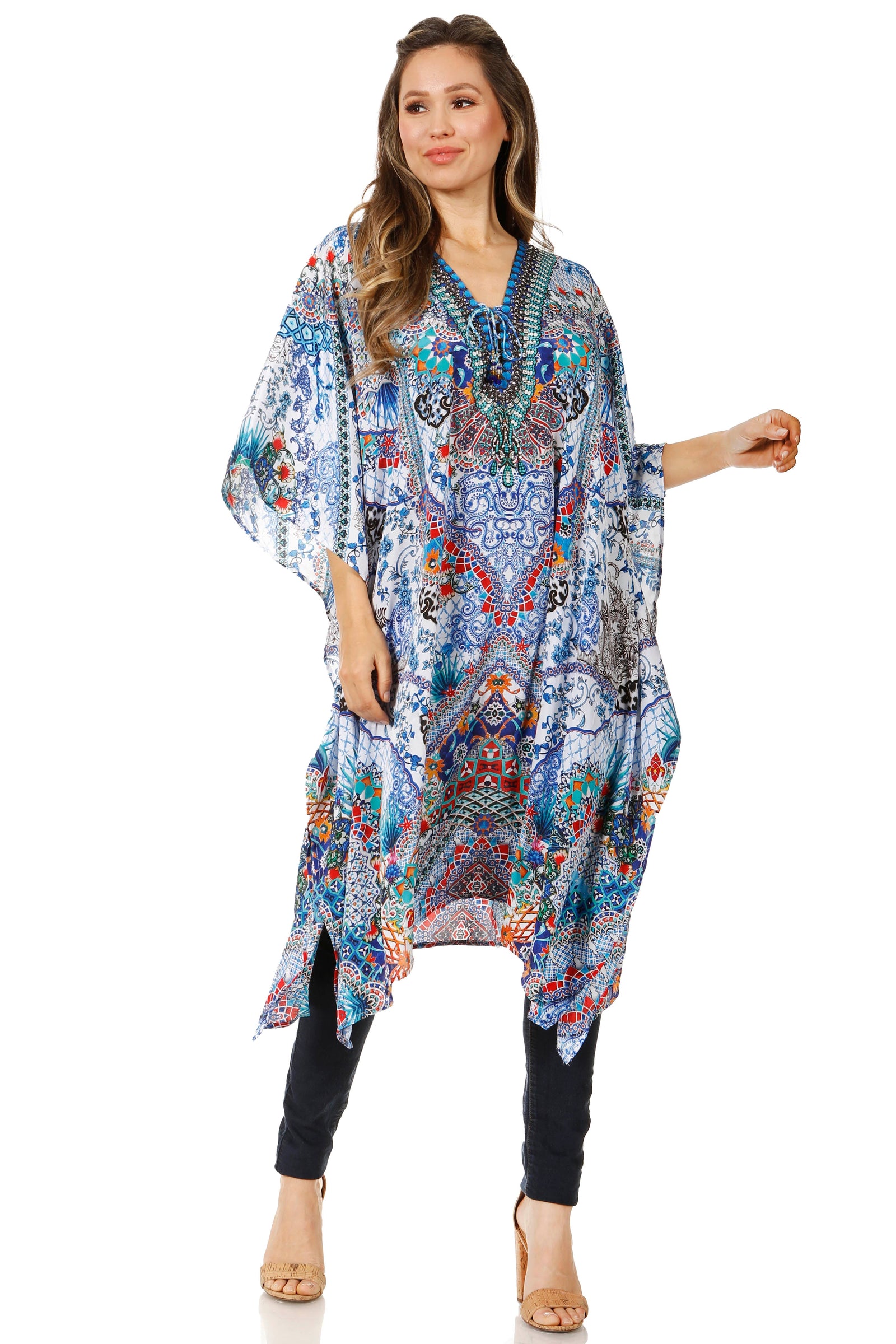 Vestido caftán Sakkas Zeni de verano con estampado floral y cuello en V y manga corta para mujer