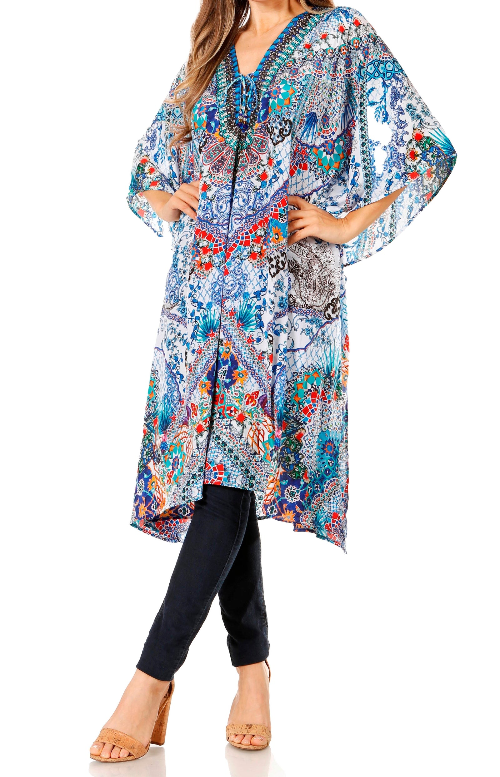 Vestido caftán Sakkas Zeni de verano con estampado floral y cuello en V y manga corta para mujer