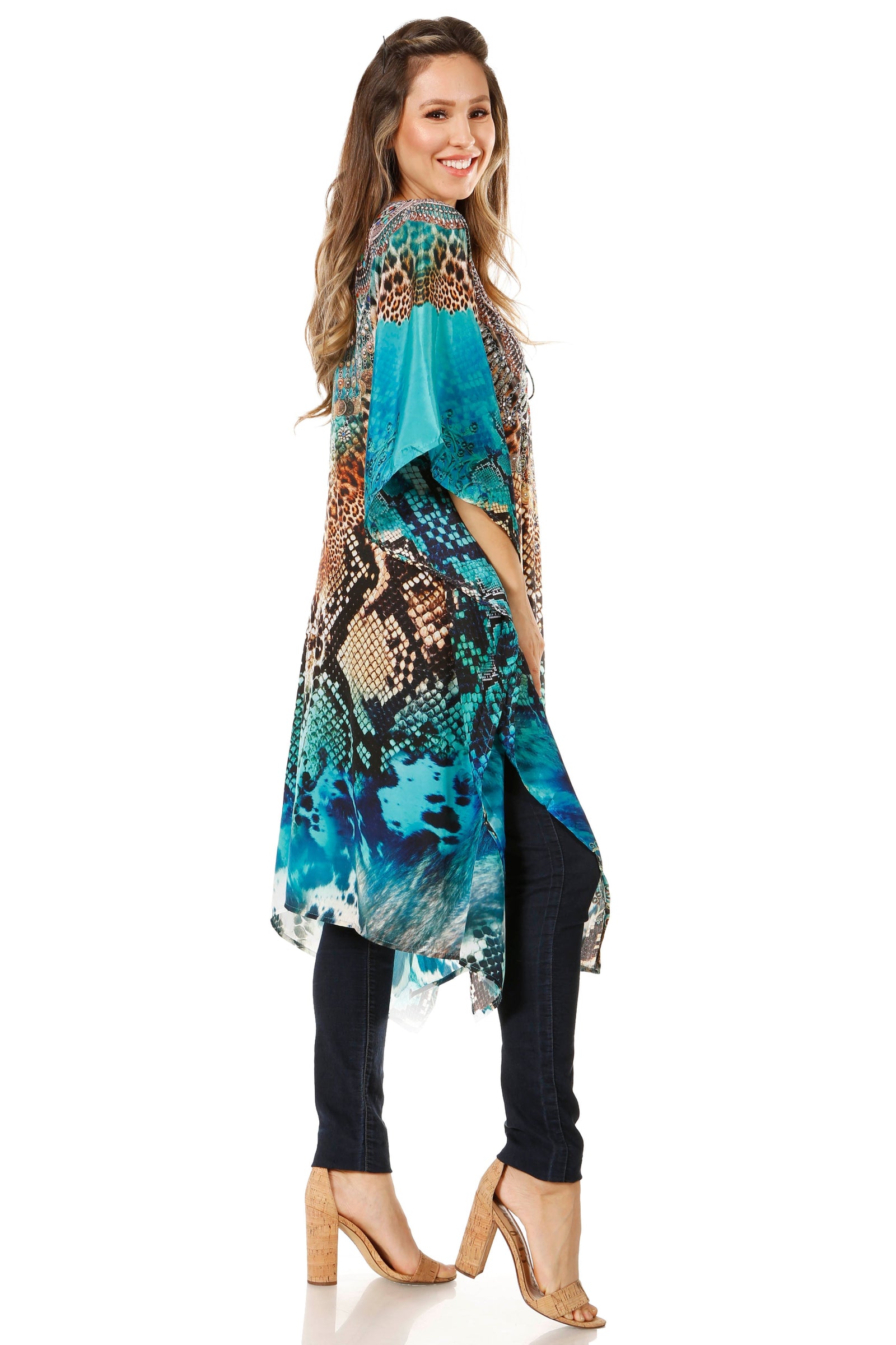 Vestido caftán Sakkas Zeni de verano con estampado floral y cuello en V y manga corta para mujer