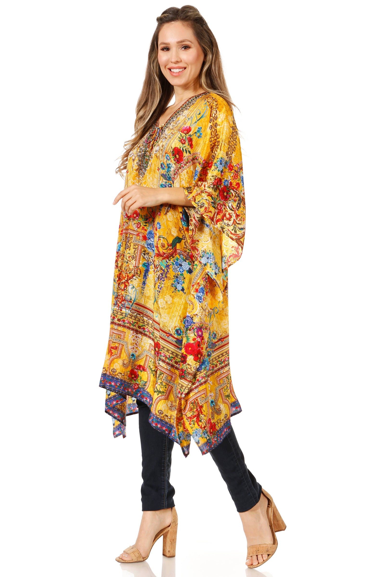 Vestido caftán Sakkas Zeni de verano con estampado floral y cuello en V y manga corta para mujer