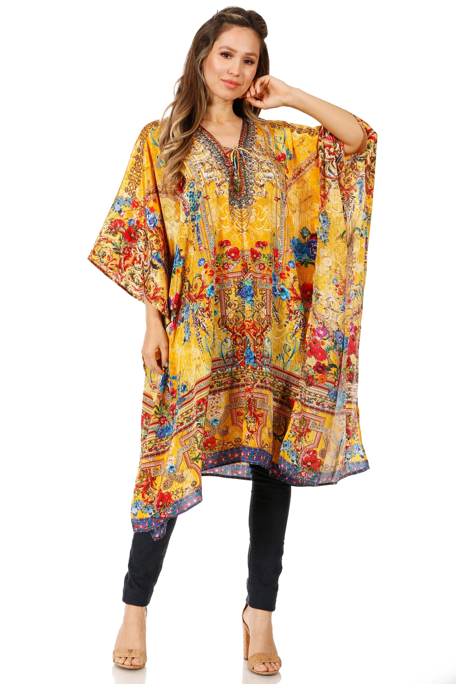 Vestido caftán Sakkas Zeni de verano con estampado floral y cuello en V y manga corta para mujer