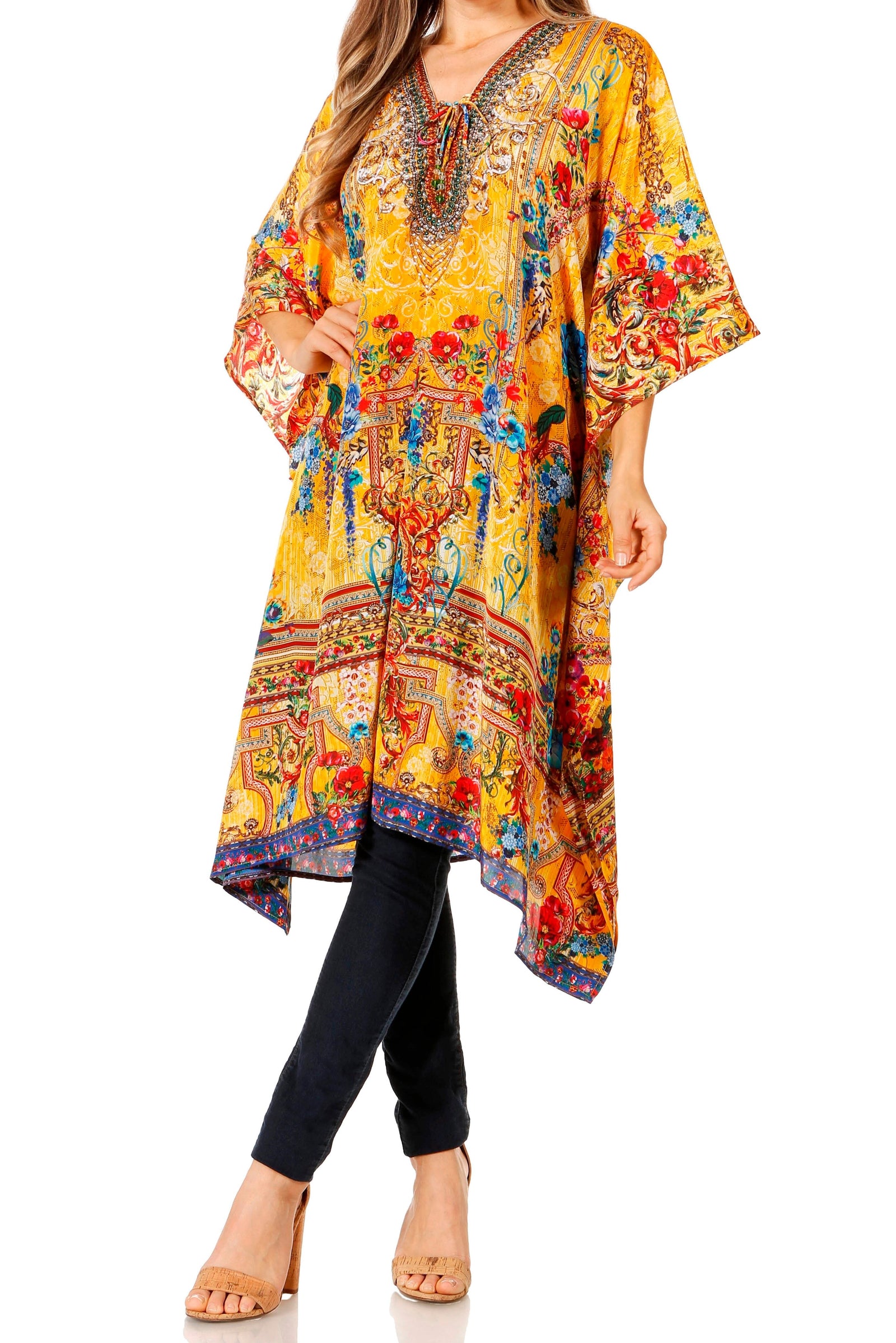 Vestido caftán Sakkas Zeni de verano con estampado floral y cuello en V y manga corta para mujer