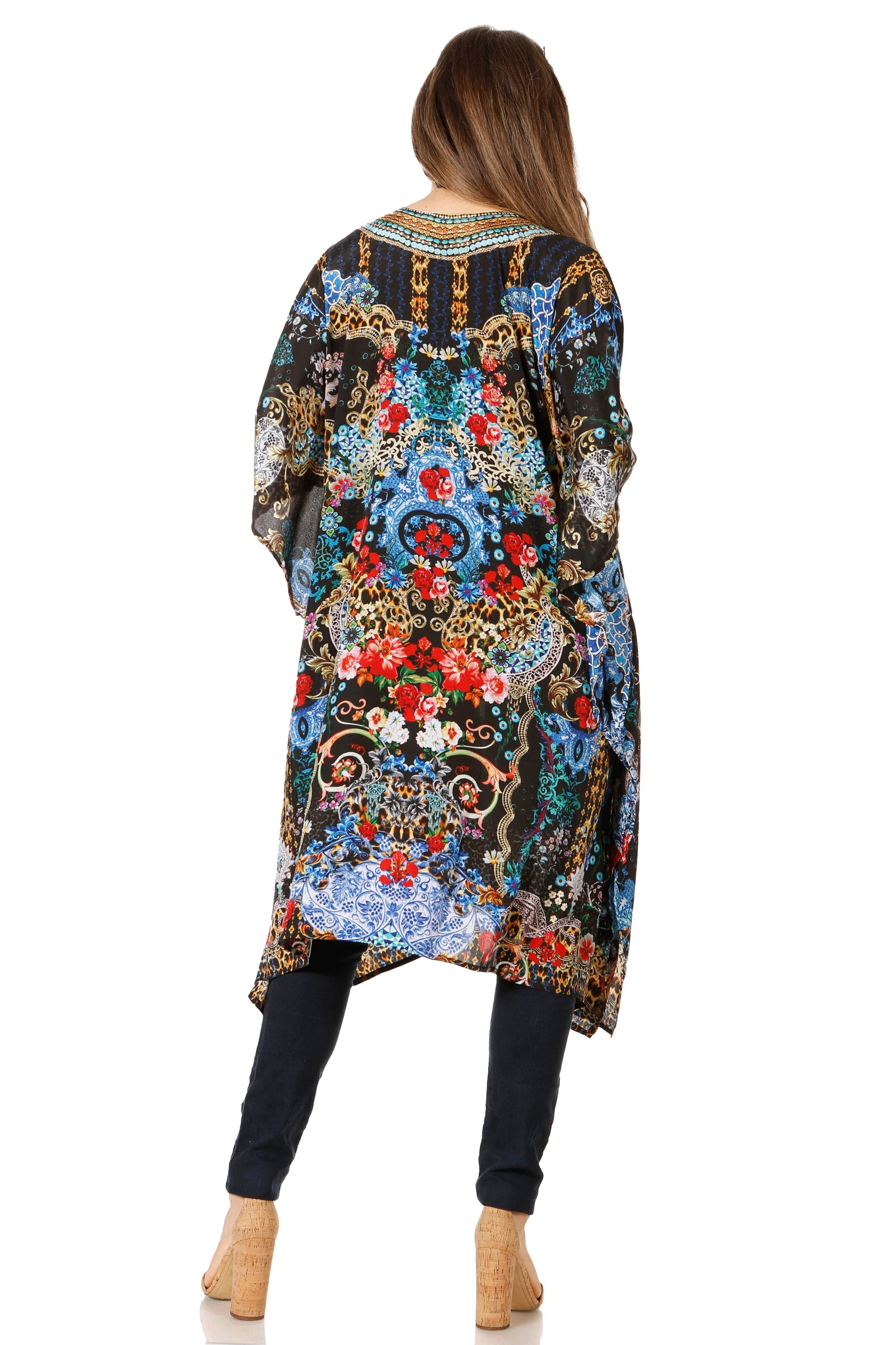 Vestido caftán Sakkas Zeni de verano con estampado floral y cuello en V y manga corta para mujer