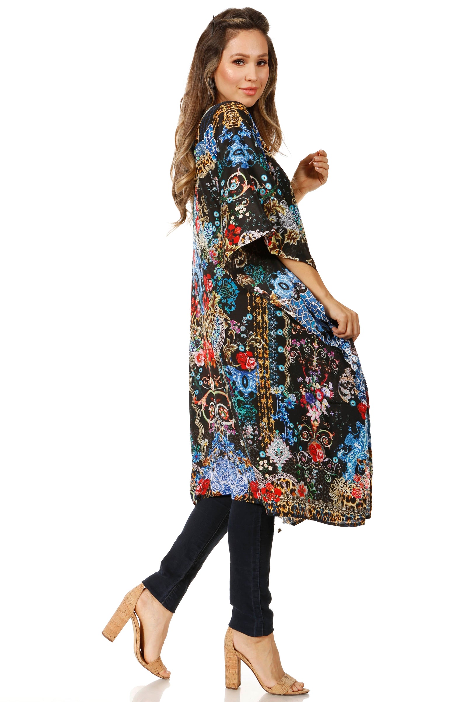 Vestido caftán Sakkas Zeni de verano con estampado floral y cuello en V y manga corta para mujer
