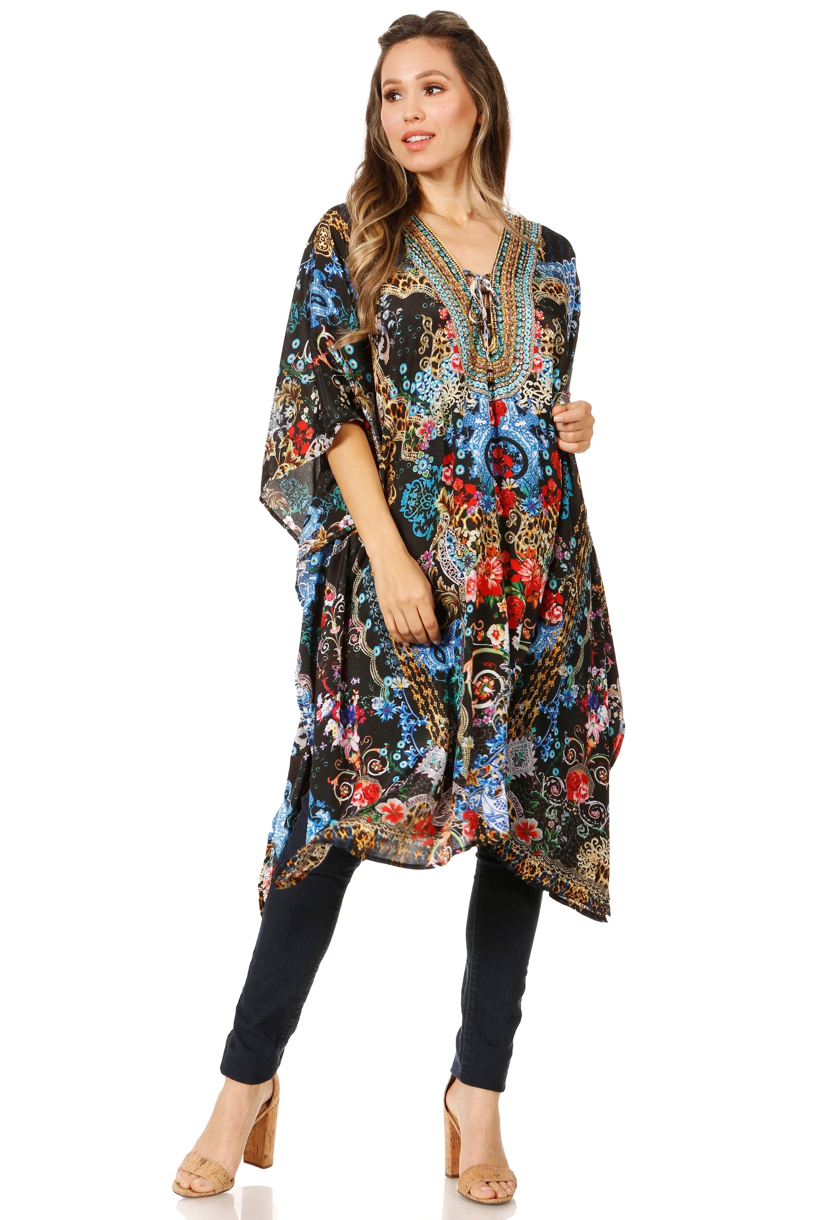 Vestido caftán Sakkas Zeni de verano con estampado floral y cuello en V y manga corta para mujer