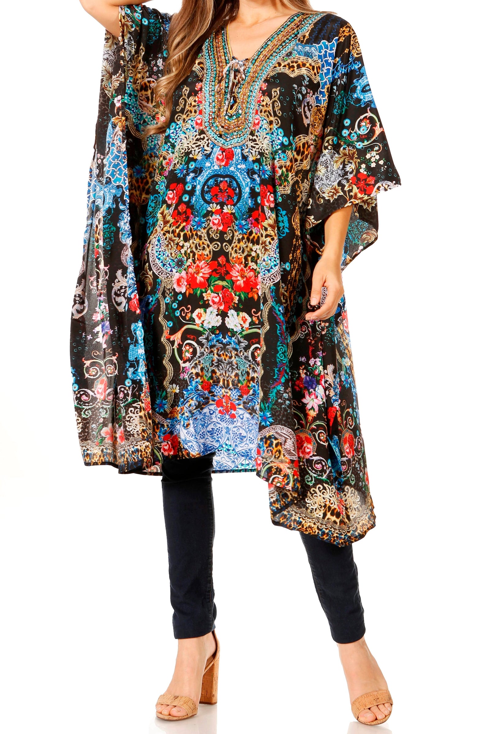 Vestido caftán Sakkas Zeni de verano con estampado floral y cuello en V y manga corta para mujer