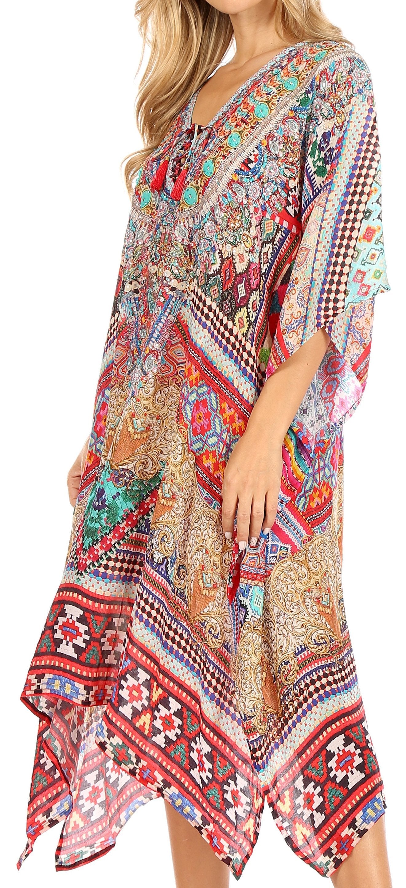 Vestido caftán Sakkas Zeni de verano con estampado floral y cuello en V y manga corta para mujer