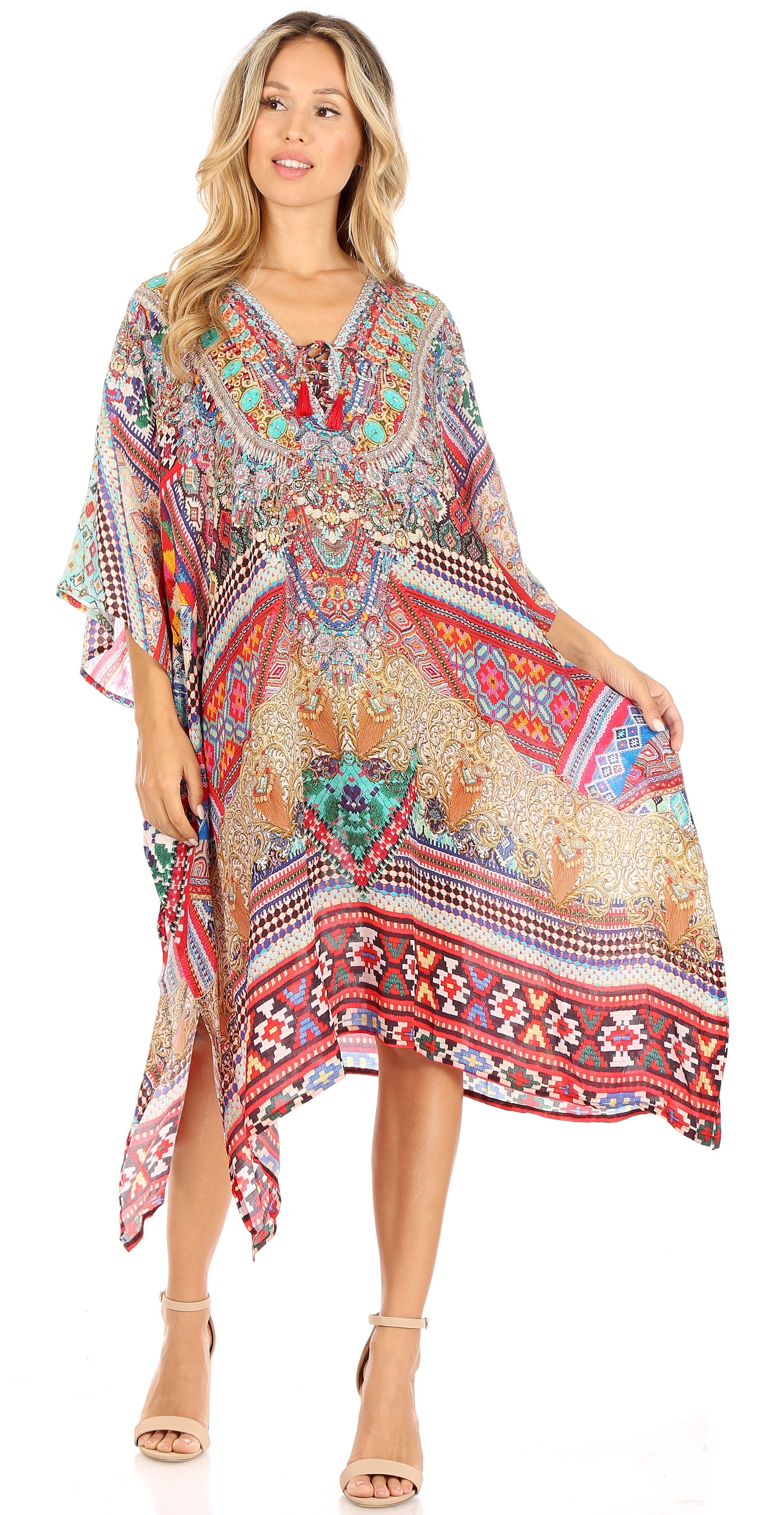 Vestido caftán Sakkas Zeni de verano con estampado floral y cuello en V y manga corta para mujer