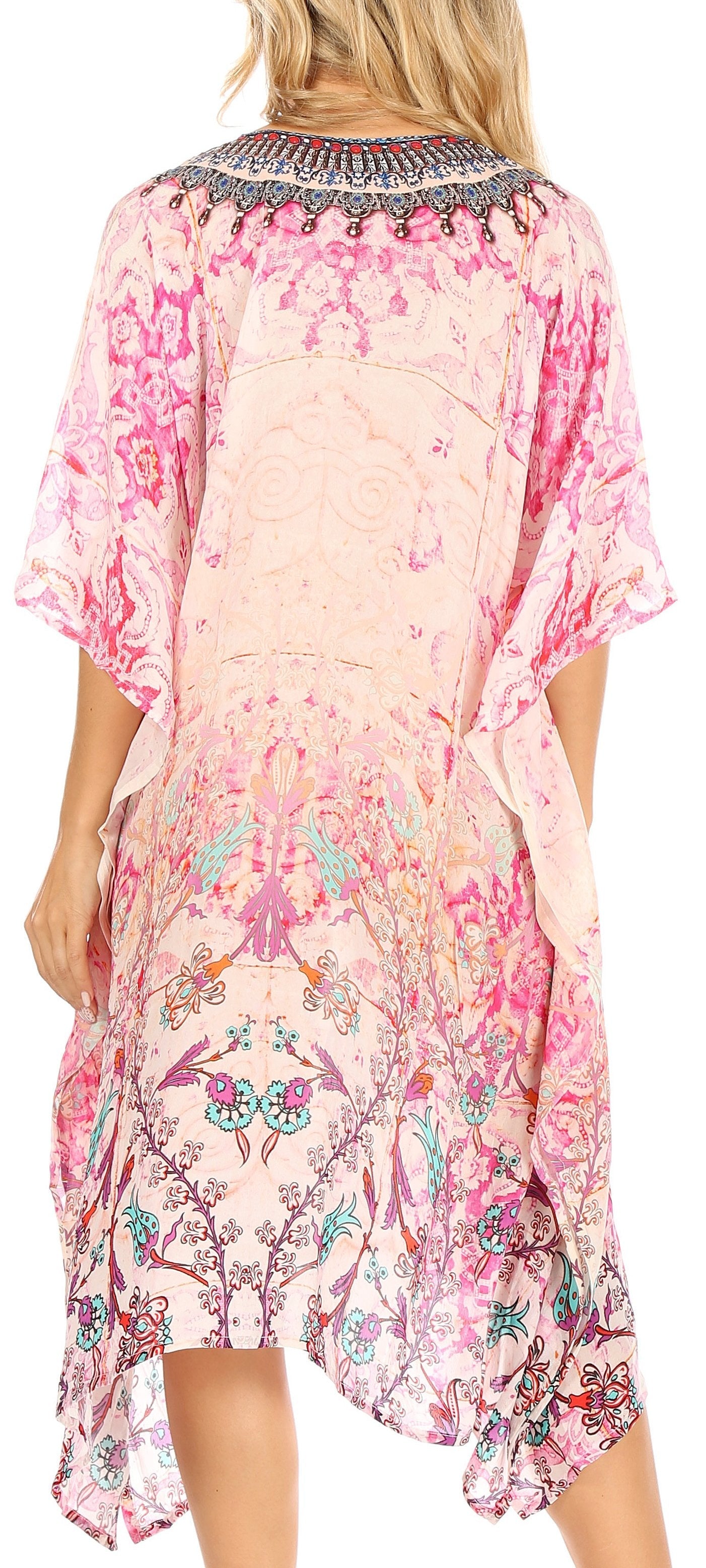Vestido caftán Sakkas Zeni de verano con estampado floral y cuello en V y manga corta para mujer