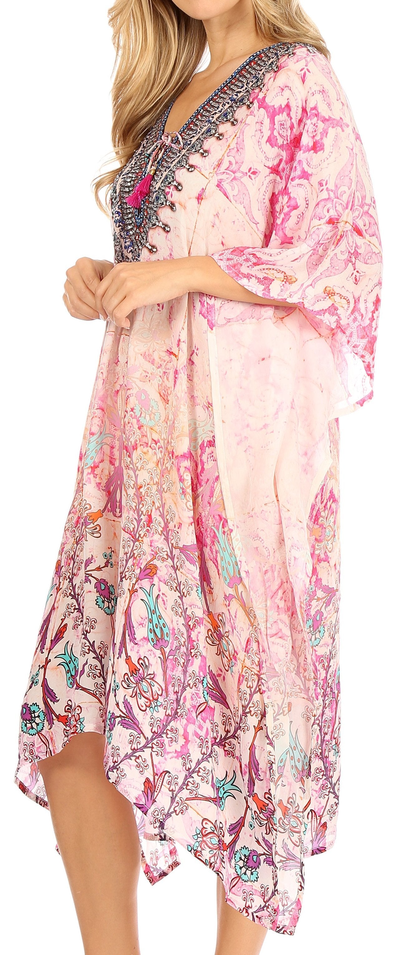 Vestido caftán Sakkas Zeni de verano con estampado floral y cuello en V y manga corta para mujer
