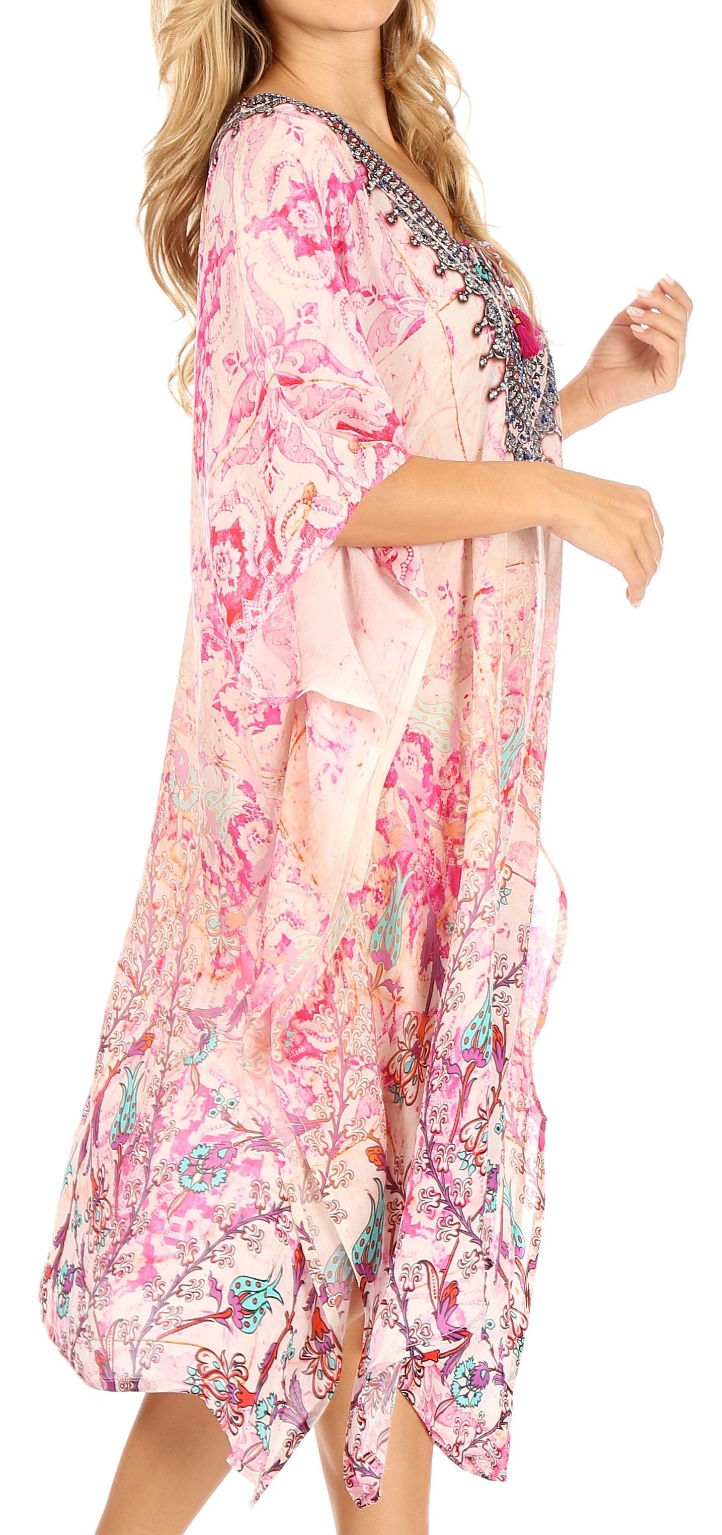Vestido caftán Sakkas Zeni de verano con estampado floral y cuello en V y manga corta para mujer