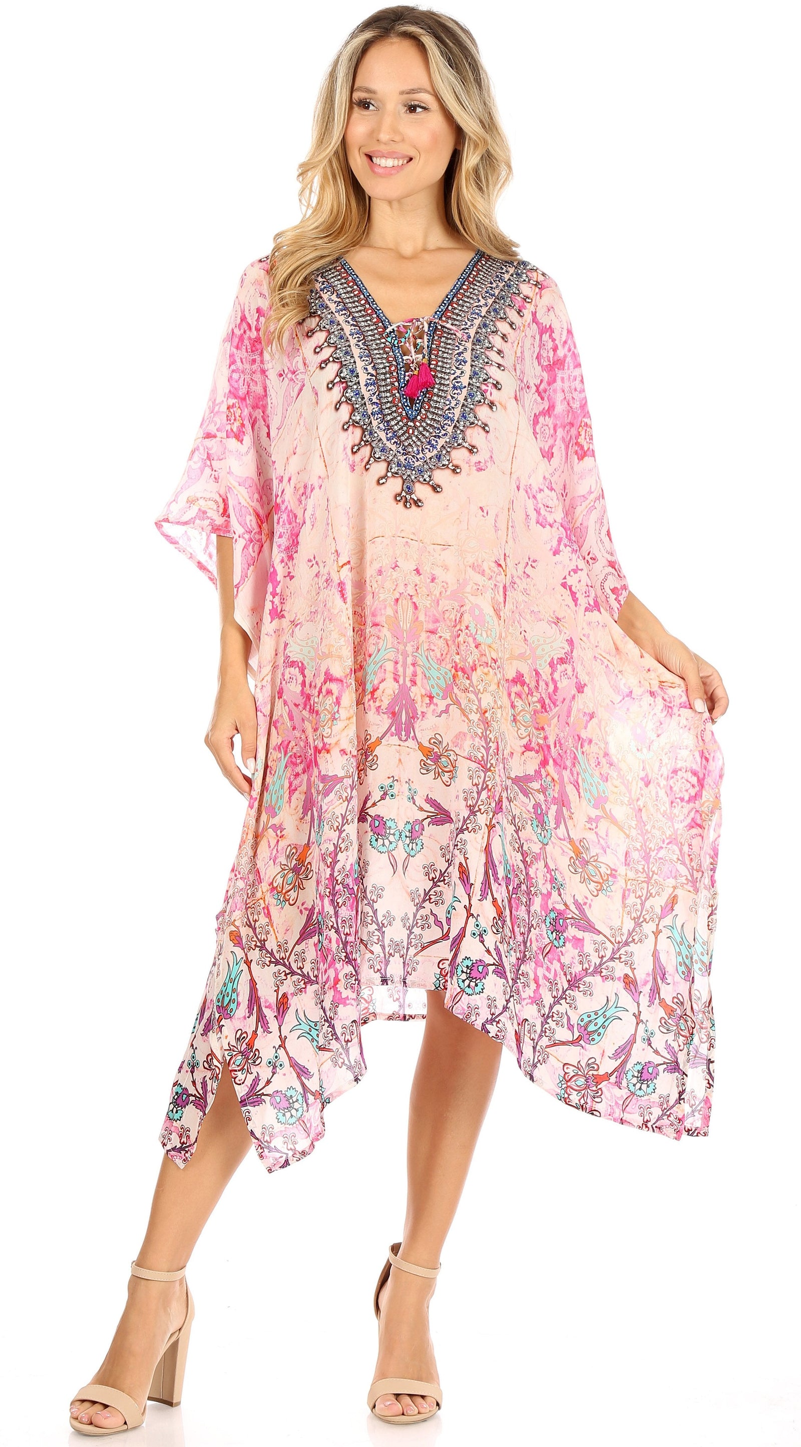 Vestido caftán Sakkas Zeni de verano con estampado floral y cuello en V y manga corta para mujer