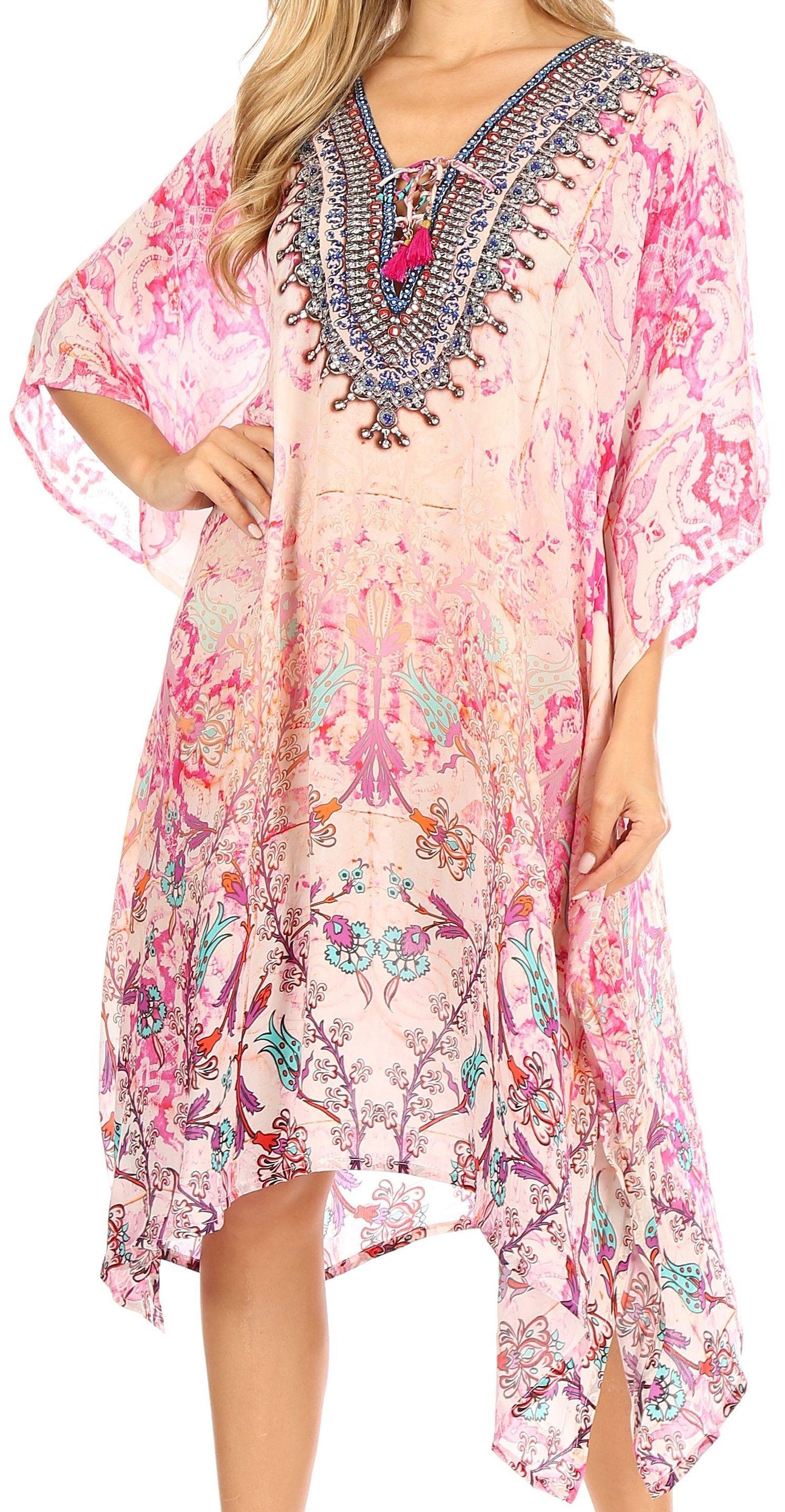 Vestido caftán Sakkas Zeni de verano con estampado floral y cuello en V y manga corta para mujer