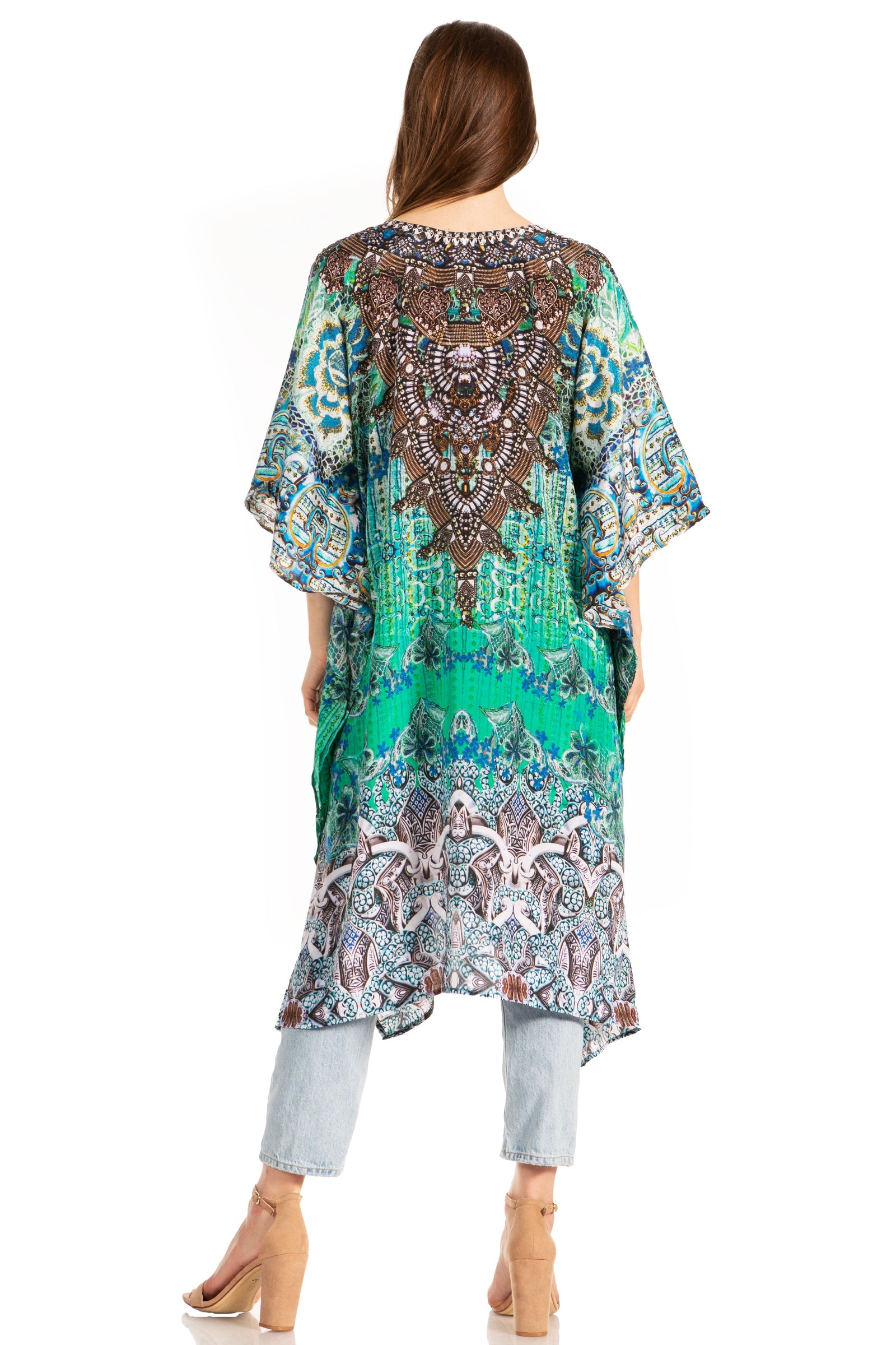 Vestido caftán Sakkas Zeni de verano con estampado floral y cuello en V y manga corta para mujer