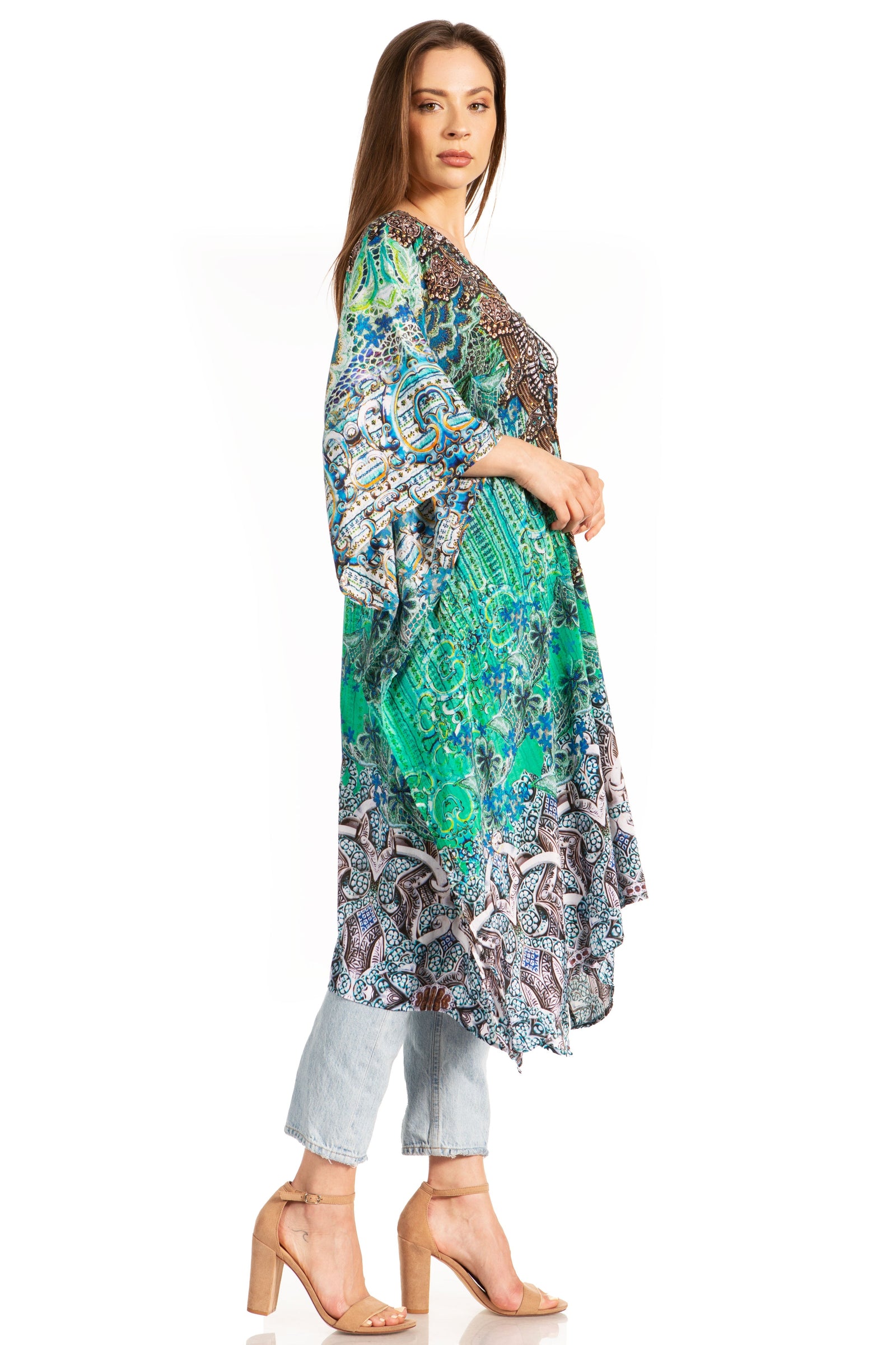 Vestido caftán Sakkas Zeni de verano con estampado floral y cuello en V y manga corta para mujer