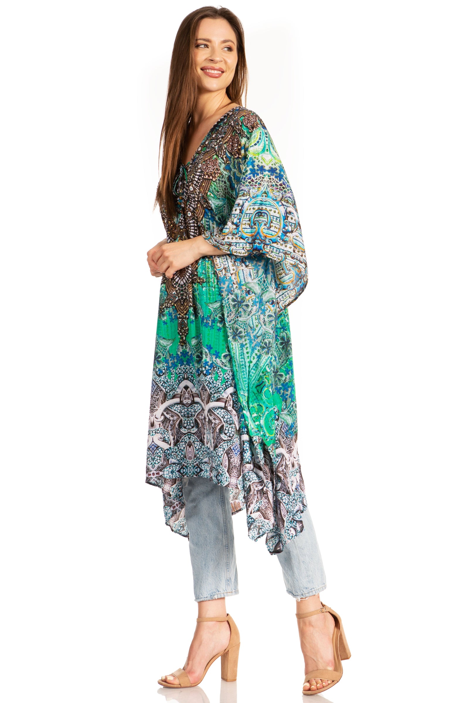Vestido caftán Sakkas Zeni de verano con estampado floral y cuello en V y manga corta para mujer