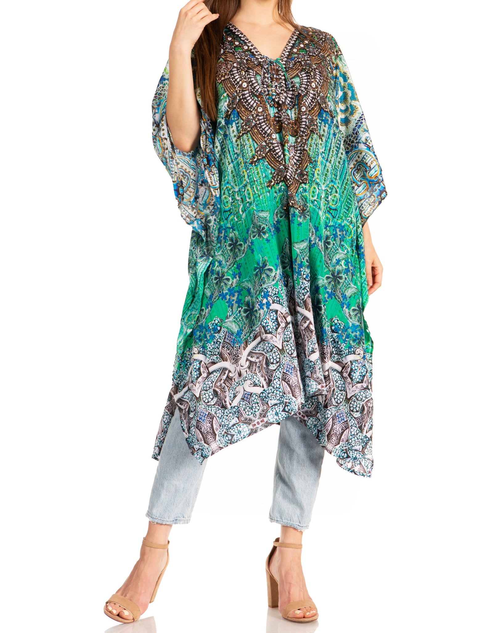 Vestido caftán Sakkas Zeni de verano con estampado floral y cuello en V y manga corta para mujer