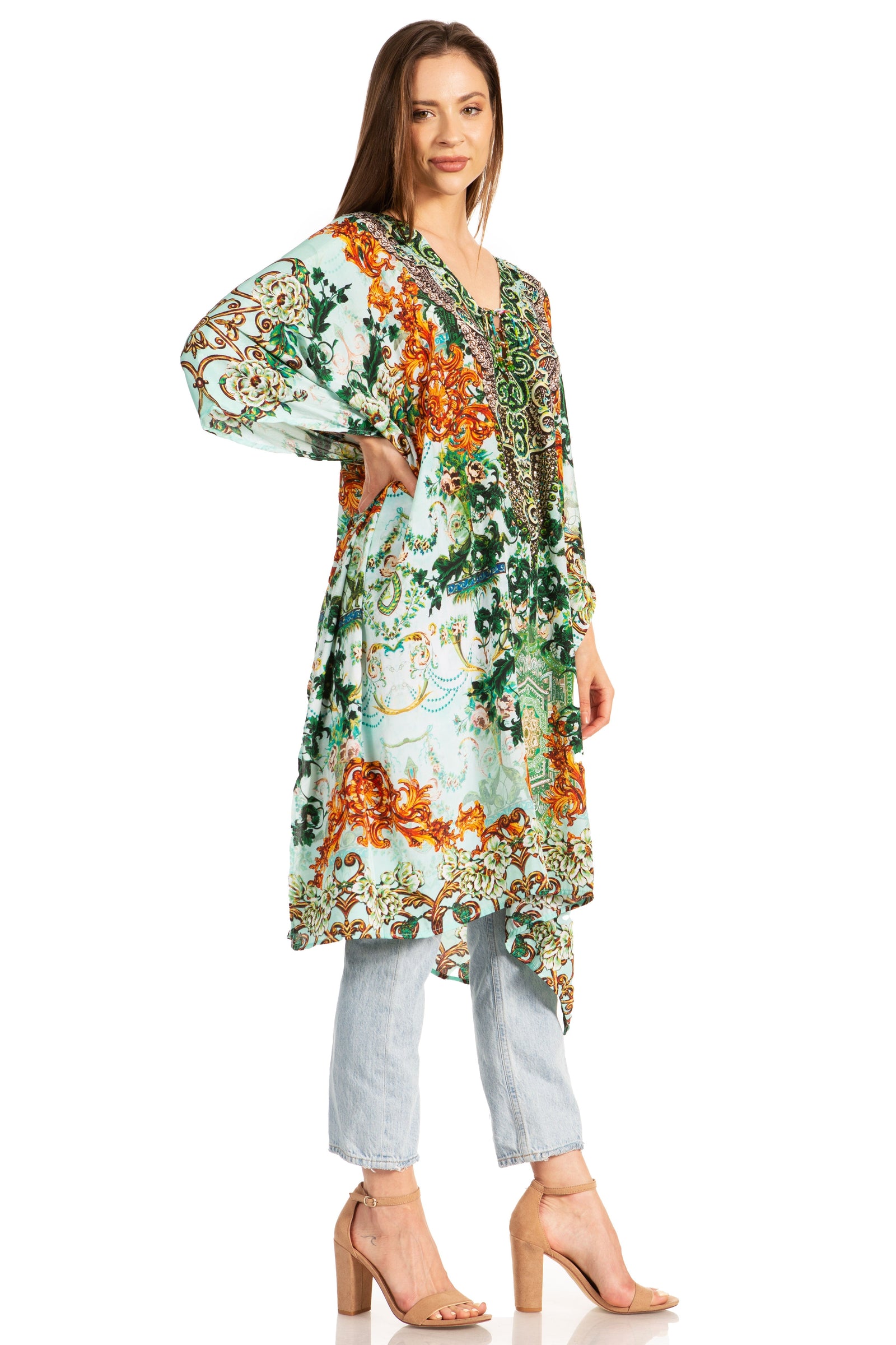Vestido caftán Sakkas Zeni de verano con estampado floral y cuello en V y manga corta para mujer