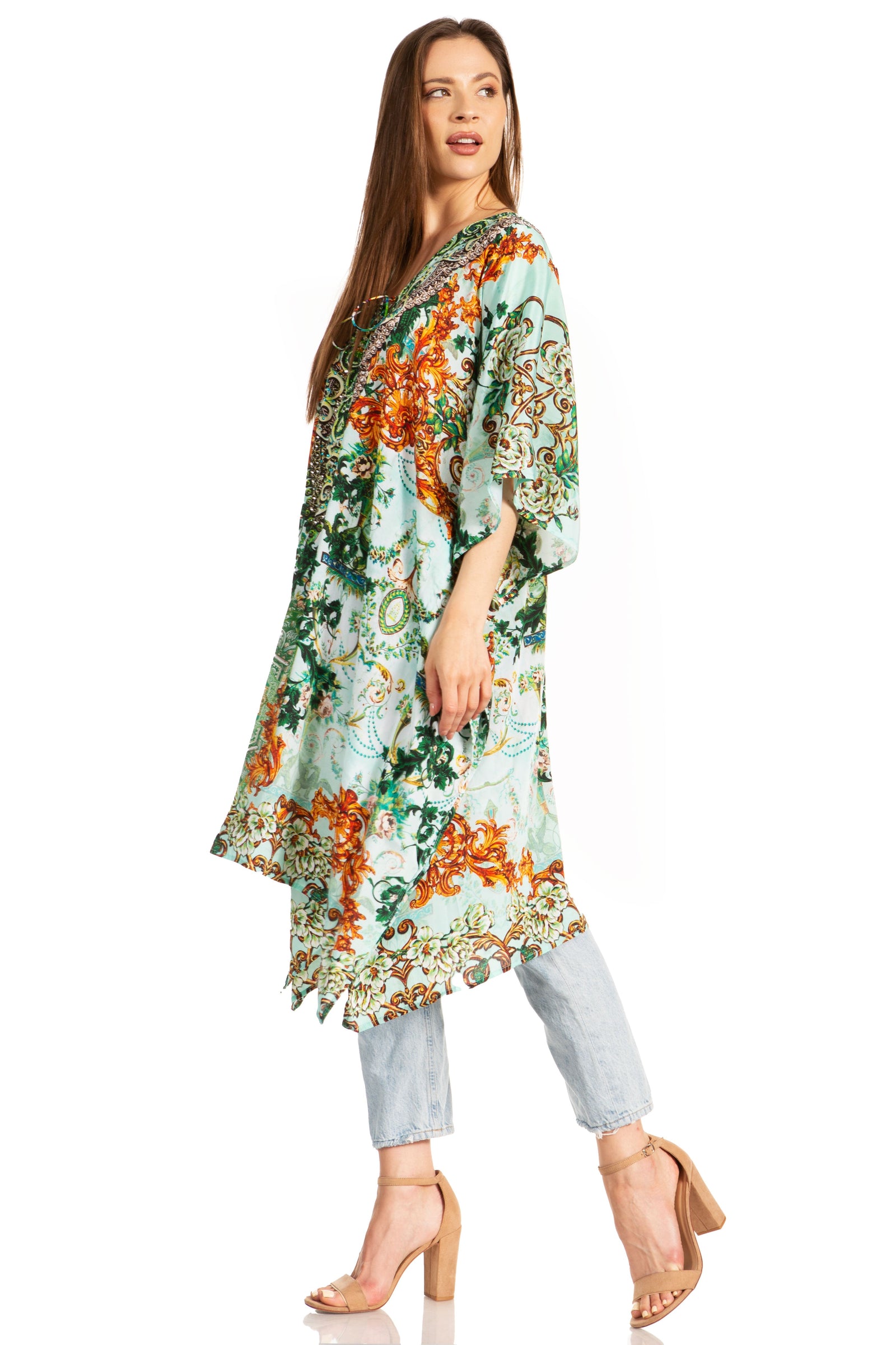 Vestido caftán Sakkas Zeni de verano con estampado floral y cuello en V y manga corta para mujer