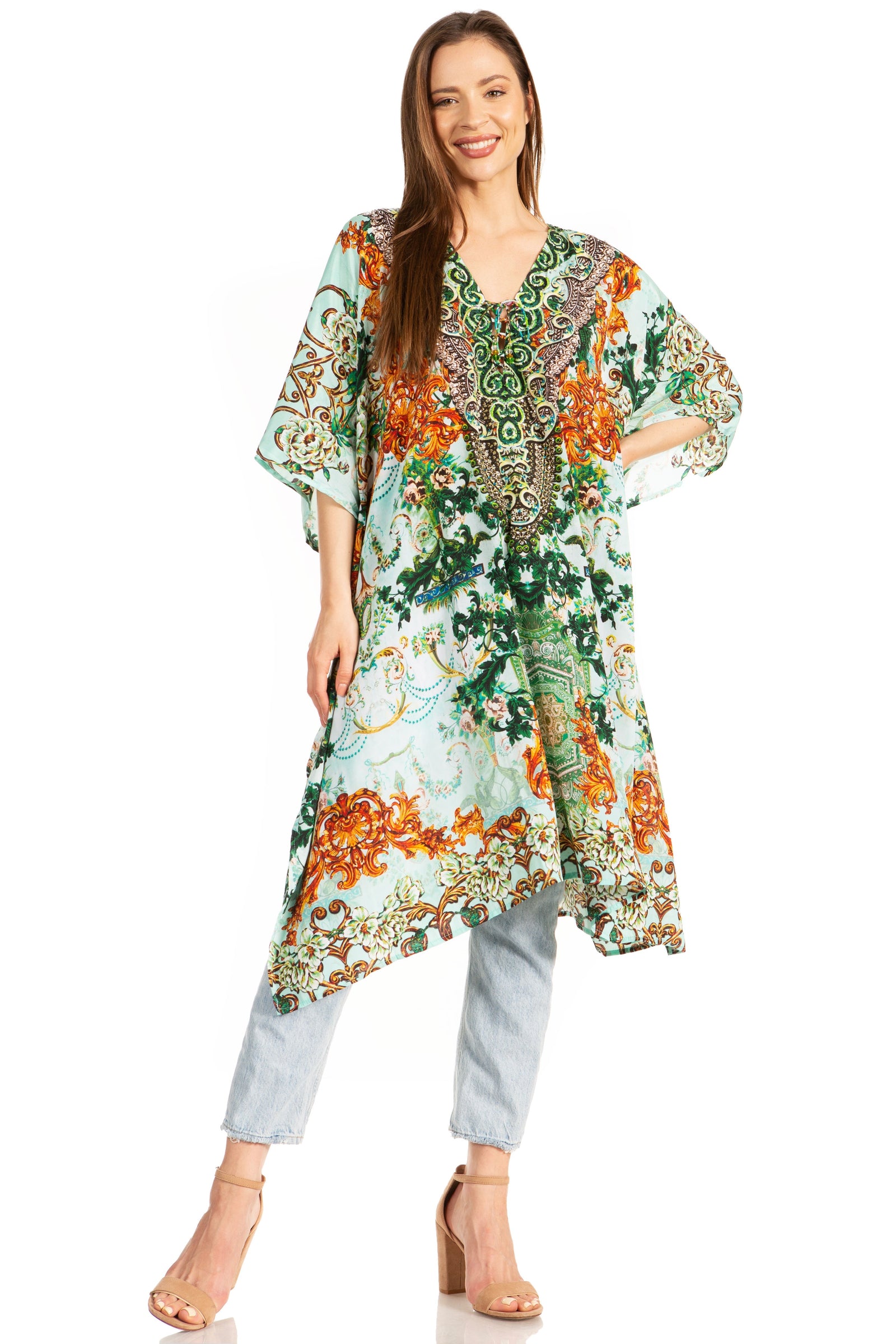 Vestido caftán Sakkas Zeni de verano con estampado floral y cuello en V y manga corta para mujer