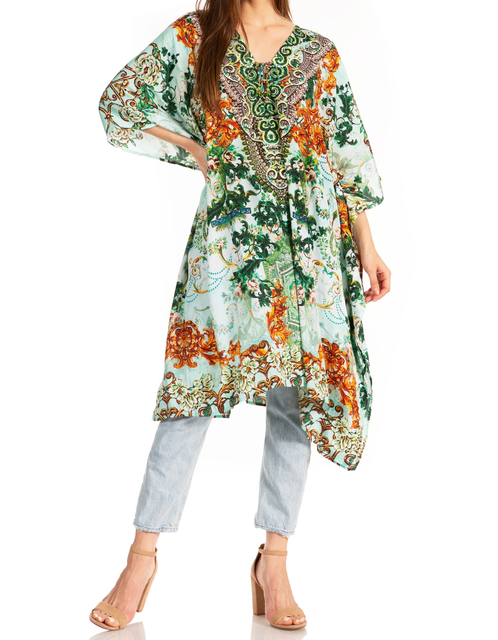 Vestido caftán Sakkas Zeni de verano con estampado floral y cuello en V y manga corta para mujer