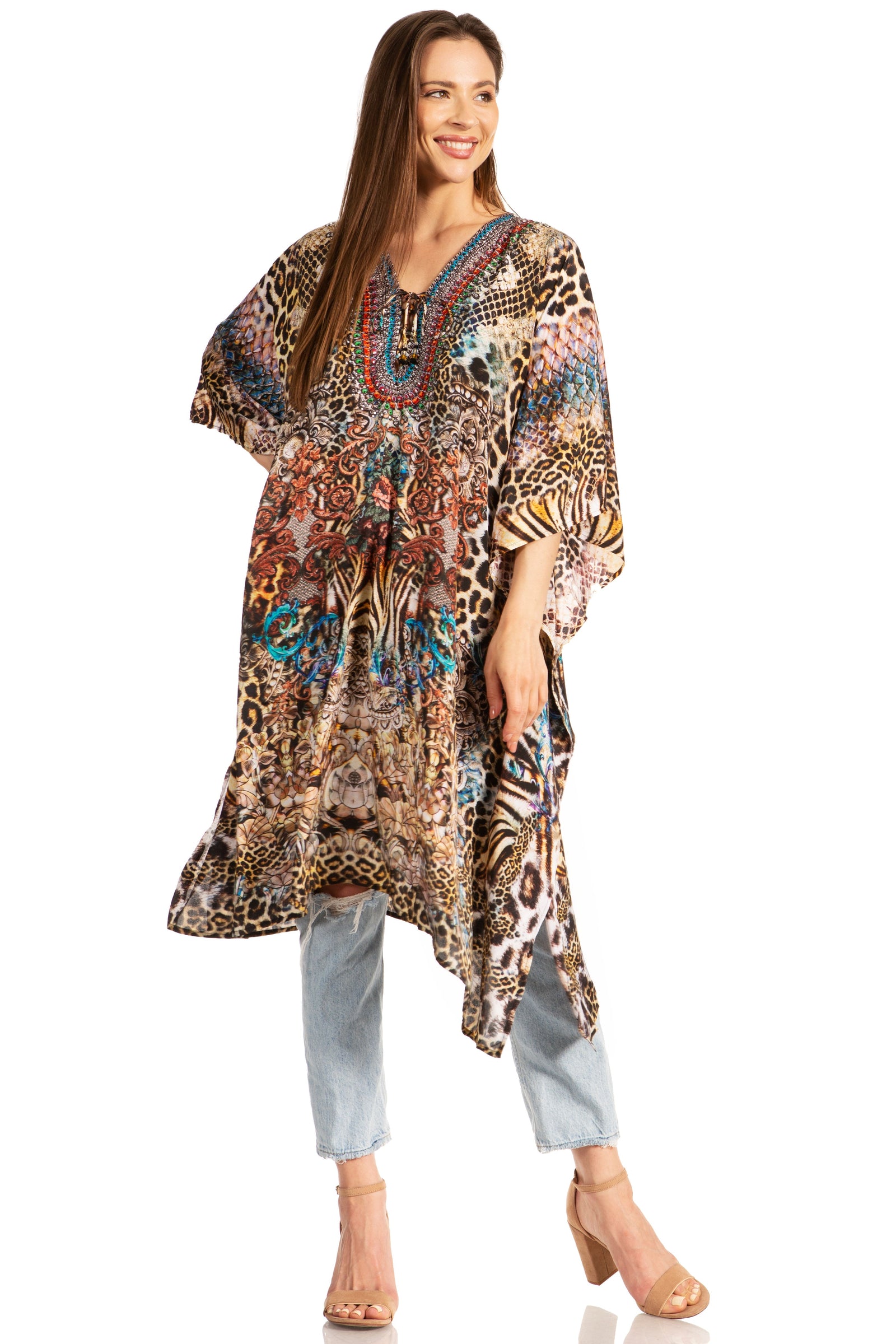 Vestido caftán Sakkas Zeni de verano con estampado floral y cuello en V y manga corta para mujer