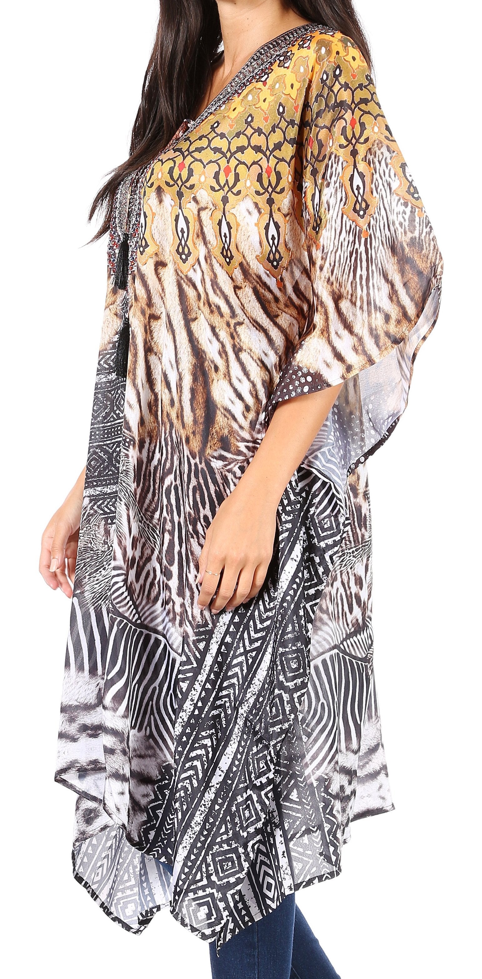 Vestido caftán Sakkas Zeni de verano con estampado floral y cuello en V y manga corta para mujer