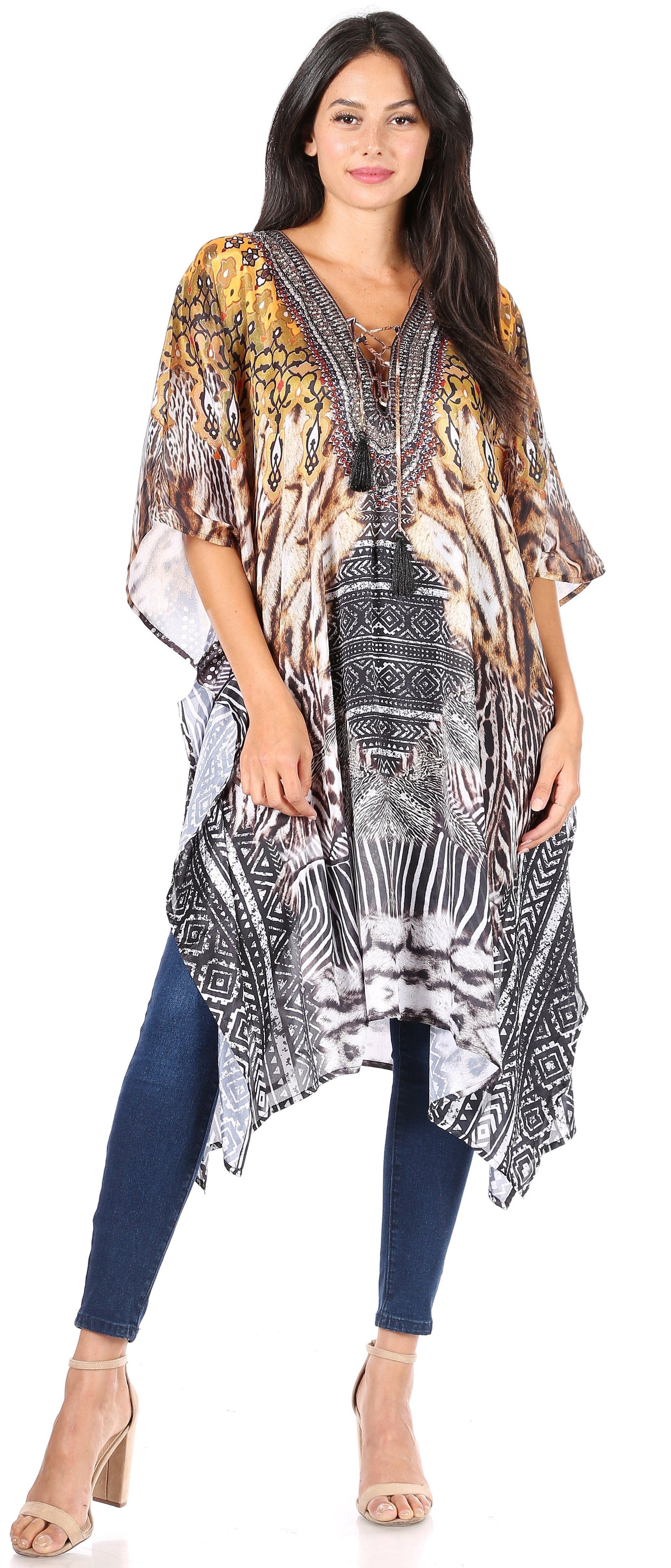 Vestido caftán Sakkas Zeni de verano con estampado floral y cuello en V y manga corta para mujer