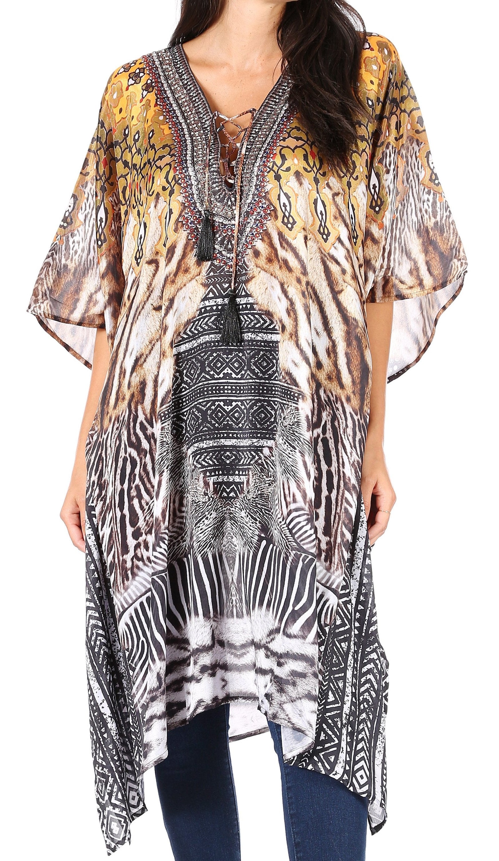 Vestido caftán Sakkas Zeni de verano con estampado floral y cuello en V y manga corta para mujer