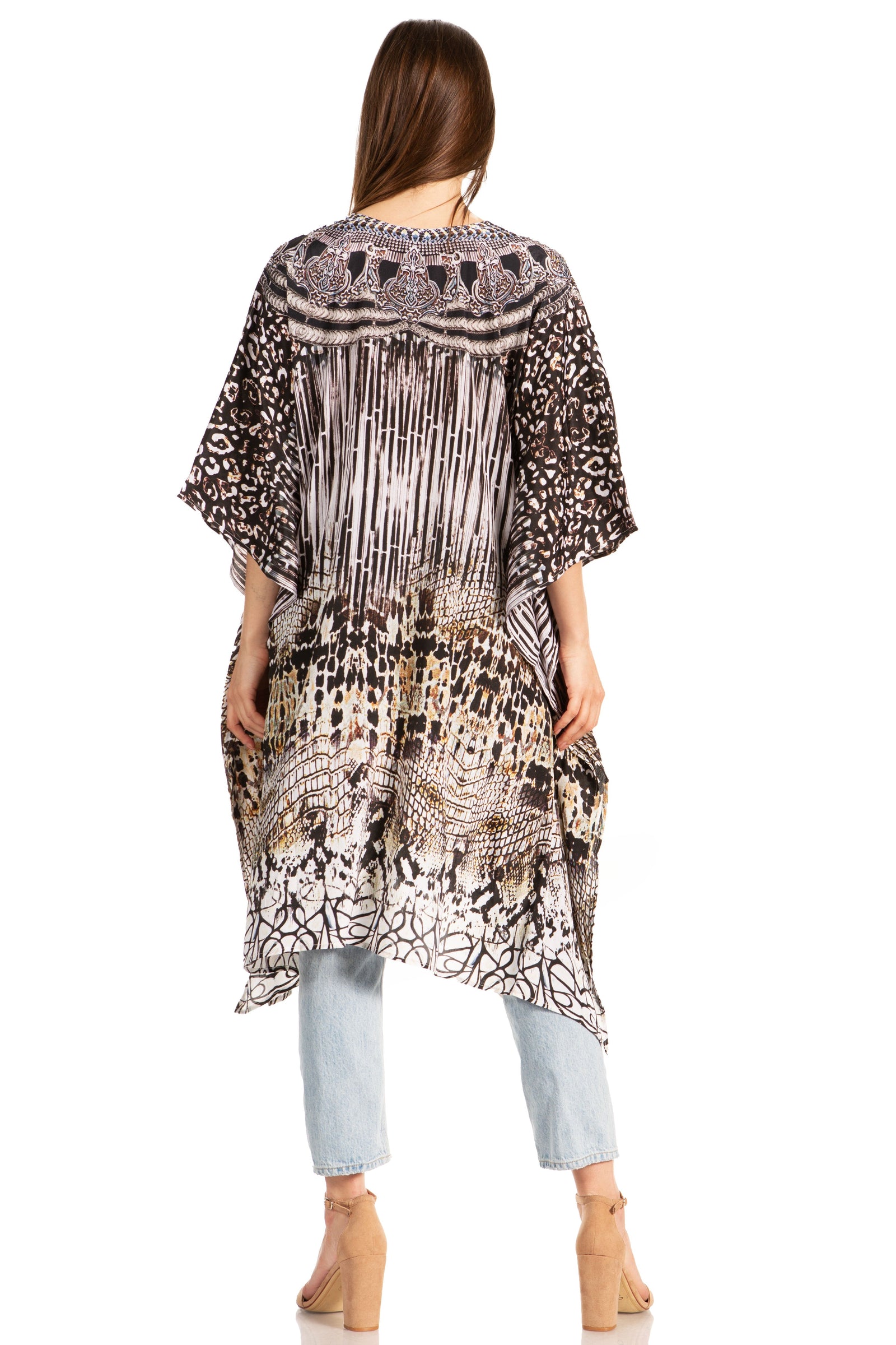 Vestido caftán Sakkas Zeni de verano con estampado floral y cuello en V y manga corta para mujer