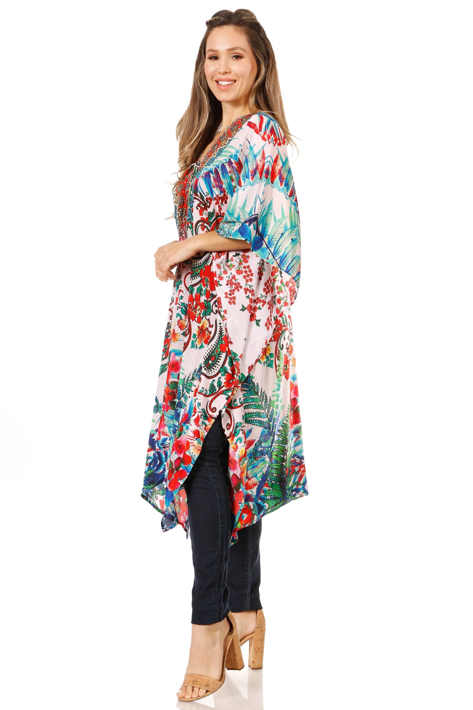 Vestido caftán Sakkas Zeni de verano con estampado floral y cuello en V y manga corta para mujer
